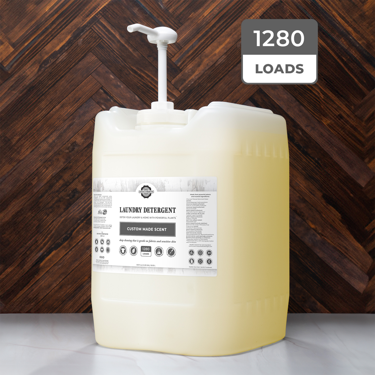Rustic Strength, Laundry Detergent, 5 Gallon, Eco-Jug with pump, Custom Made Scent with 1280 Loads badge