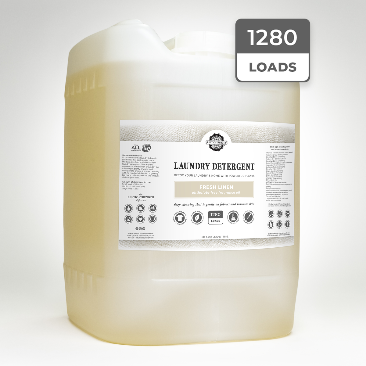 Rustic Strength, Laundry Detergent, 5 Gallon, Eco-Jug, Fresh Linen with 1280 Loads badge