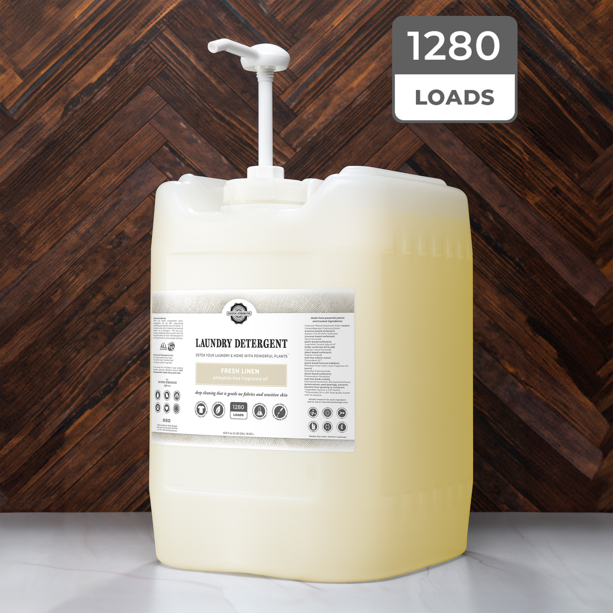 Rustic Strength, Laundry Detergent, 5 Gallon, Eco-Jug with pump, Fresh Linen with 1280 Loads badge