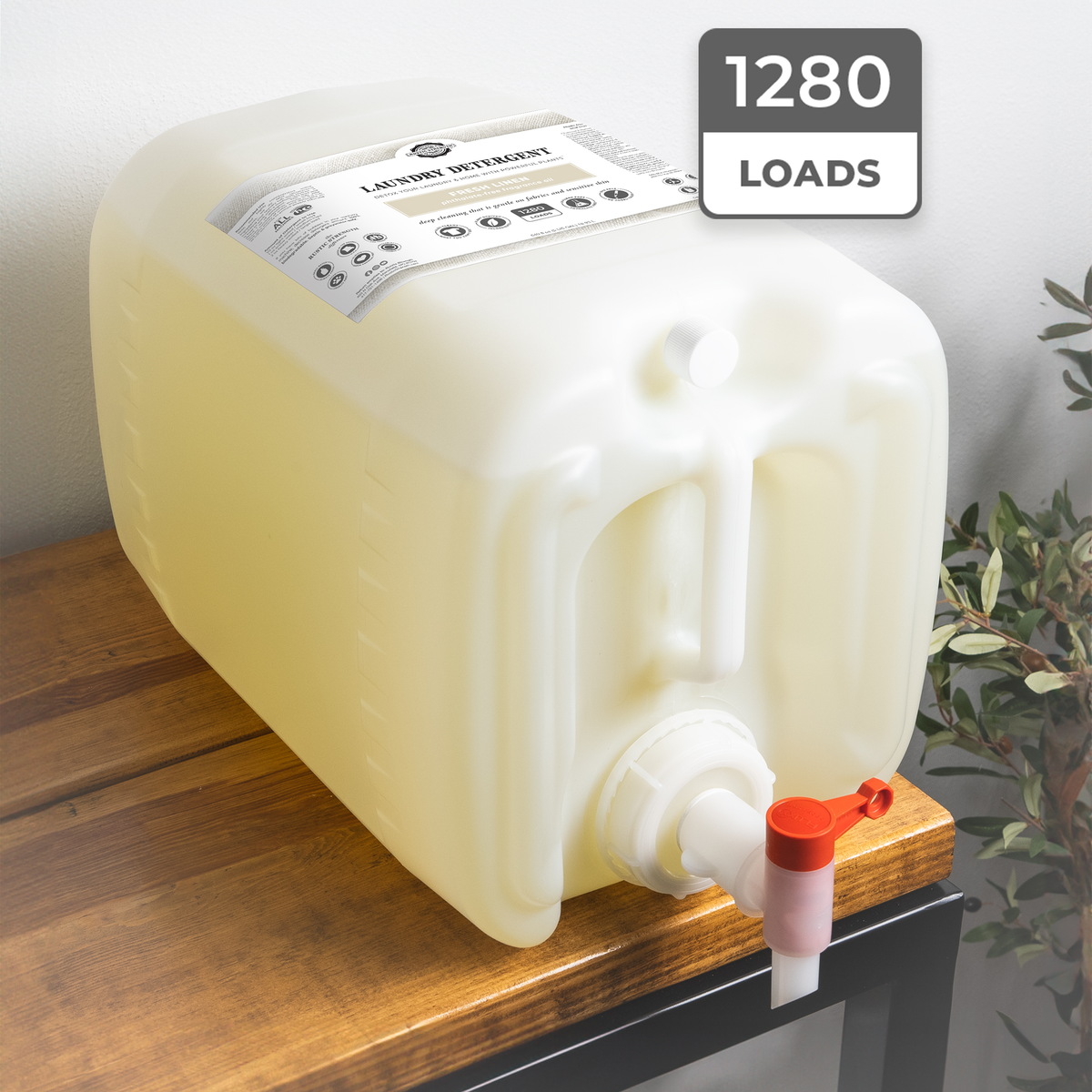 Rustic Strength, Laundry Detergent, 5 Gallon, Eco-Jug with spout, Fresh Linen with 1280 Loads badge