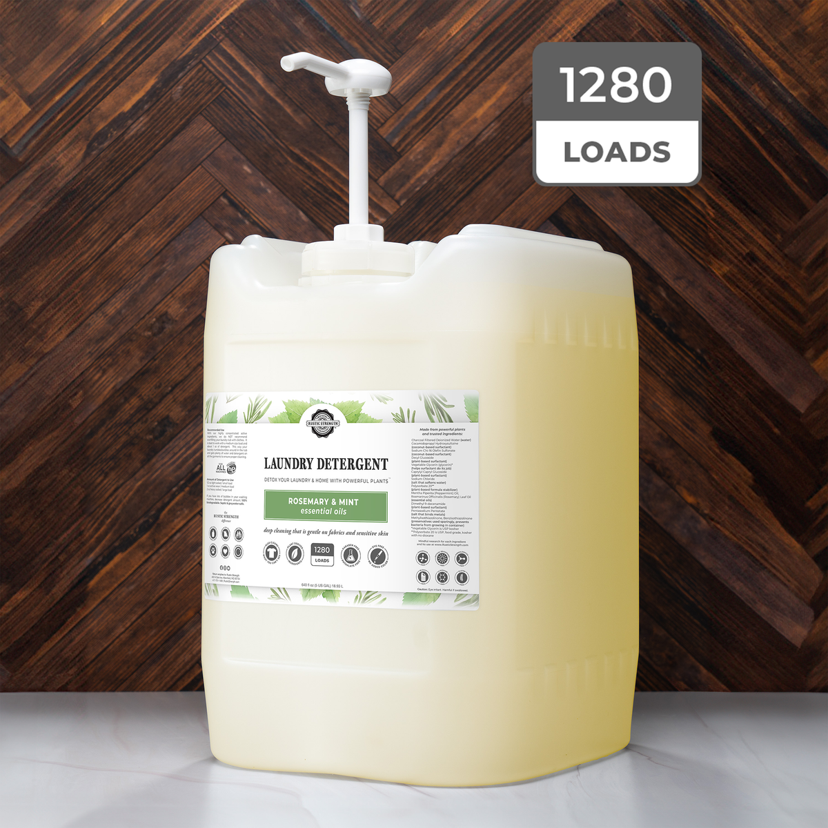 Rustic Strength, Laundry Detergent, 5 Gallon, Eco-Jug with pump, Rosemary & Mint with 1280 Loads badge
