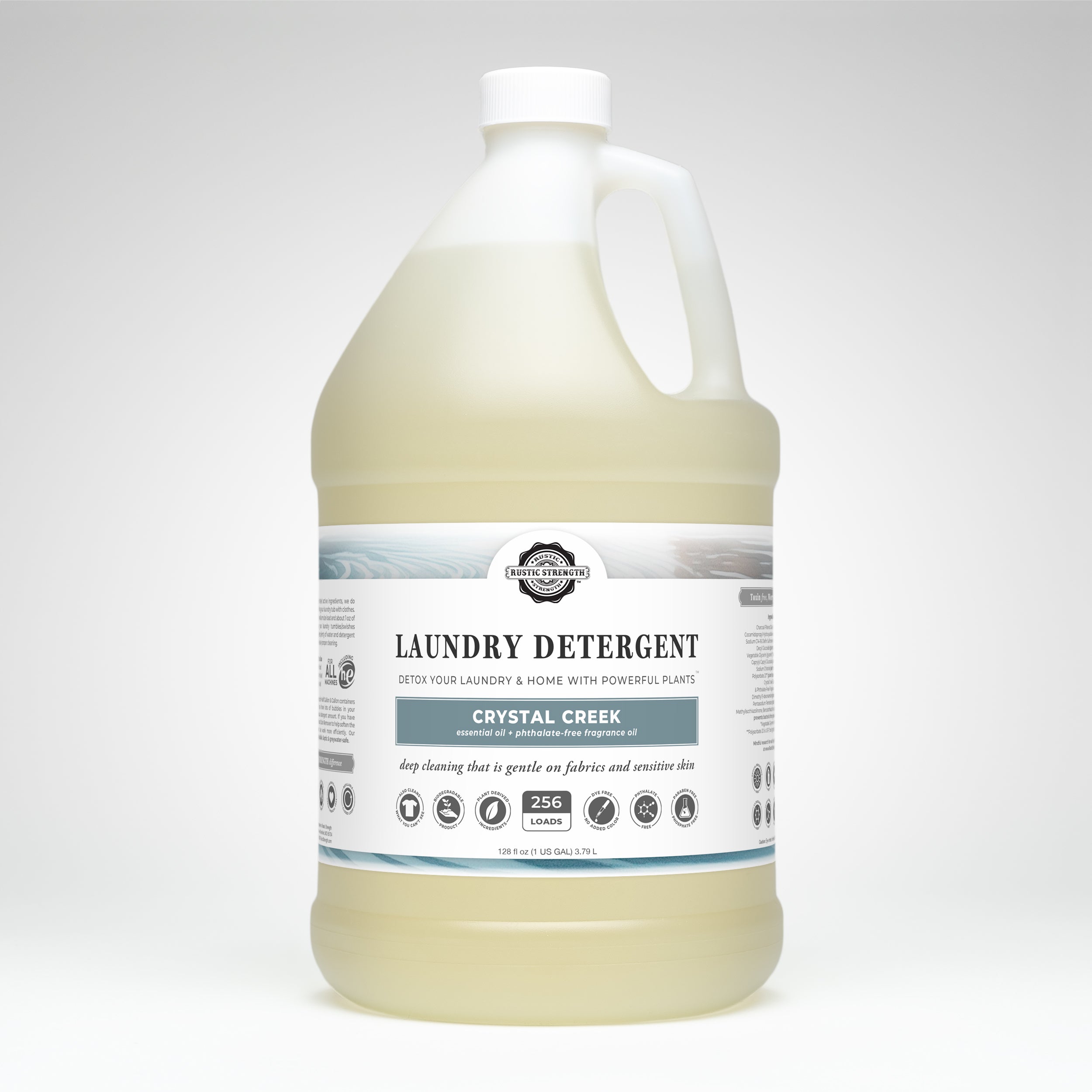 Gallon plastic container of Crystal Creek laundry detergent