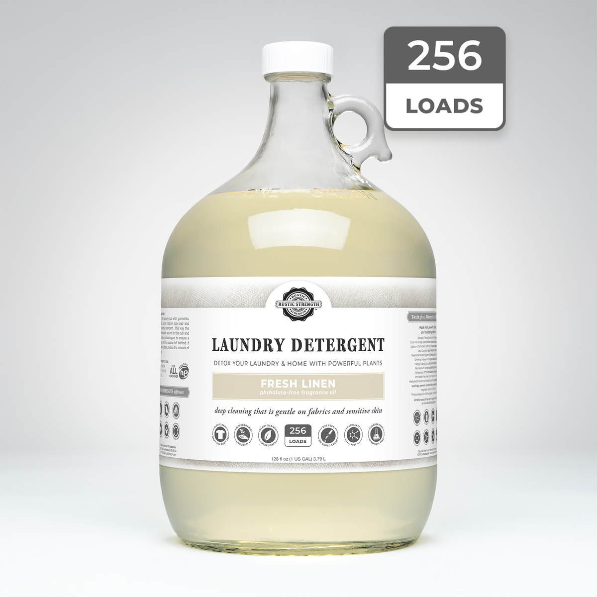 Rustic Strength, Laundry Detergent, 128oz, Glass Jug, Fresh Linen with 256 Loads badge