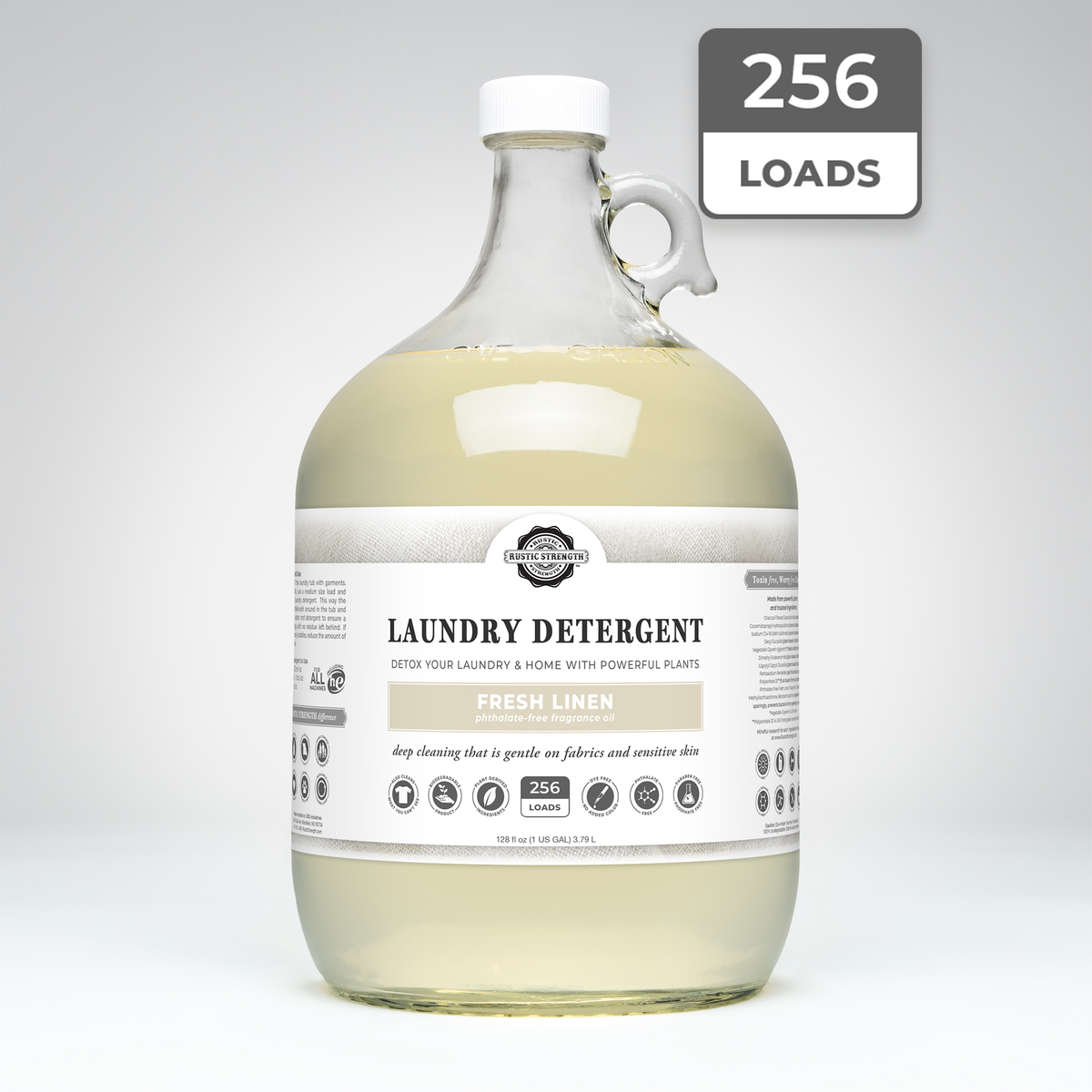Rustic Strength, Laundry Detergent, 128oz, Glass Jug, Fresh Linen with 256 Loads badge