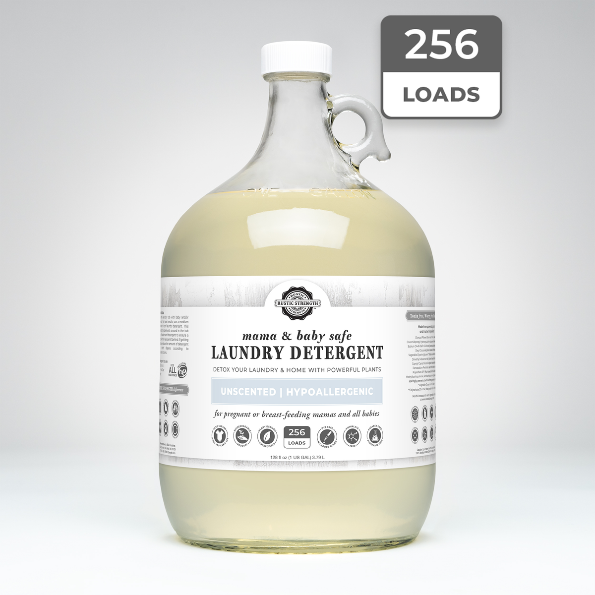 Rustic Strength, Laundry Detergent, 128oz, Glass Jug, Mama & Baby Safe with 256 Loads badge