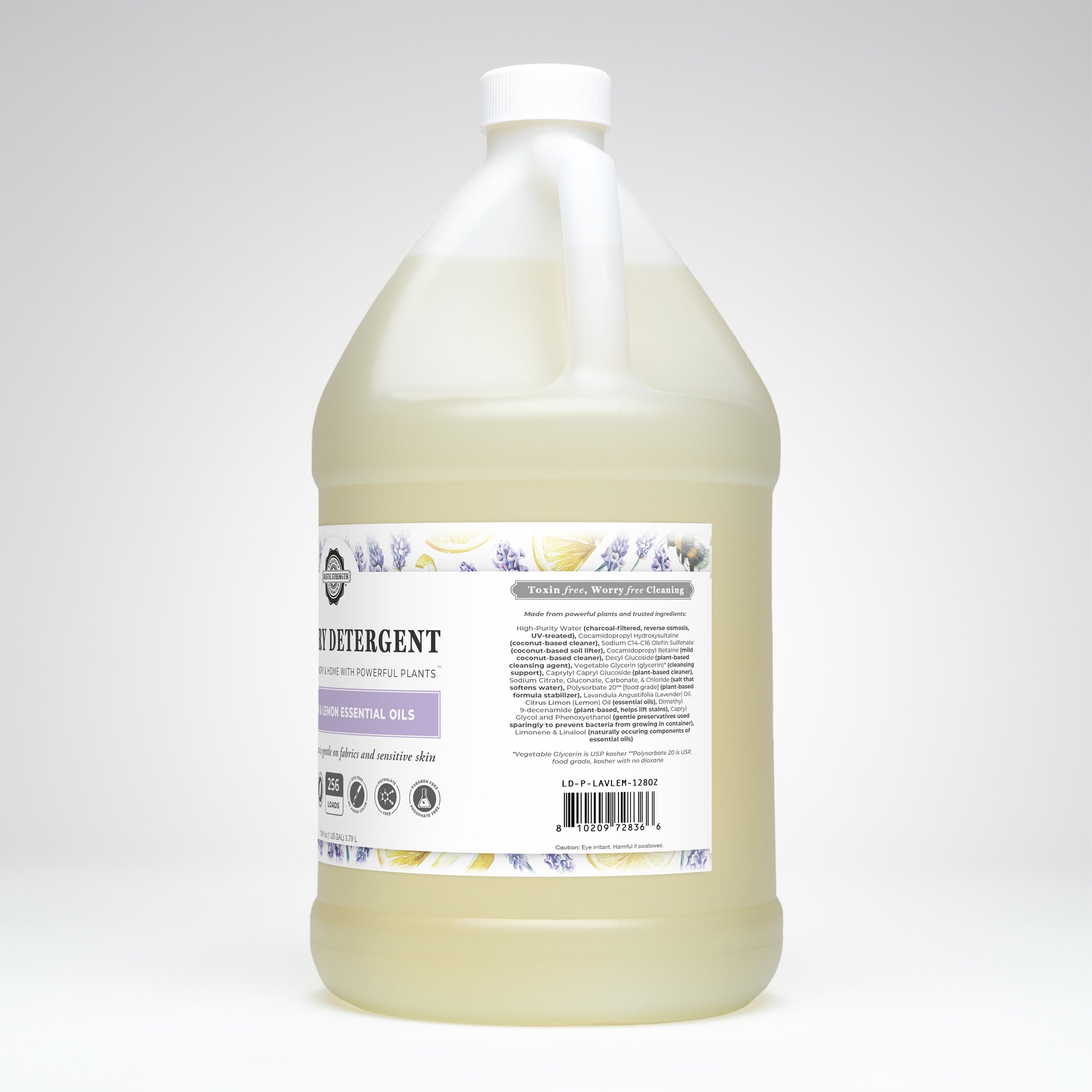gallon plastic container of lavender lemon laundry detergent