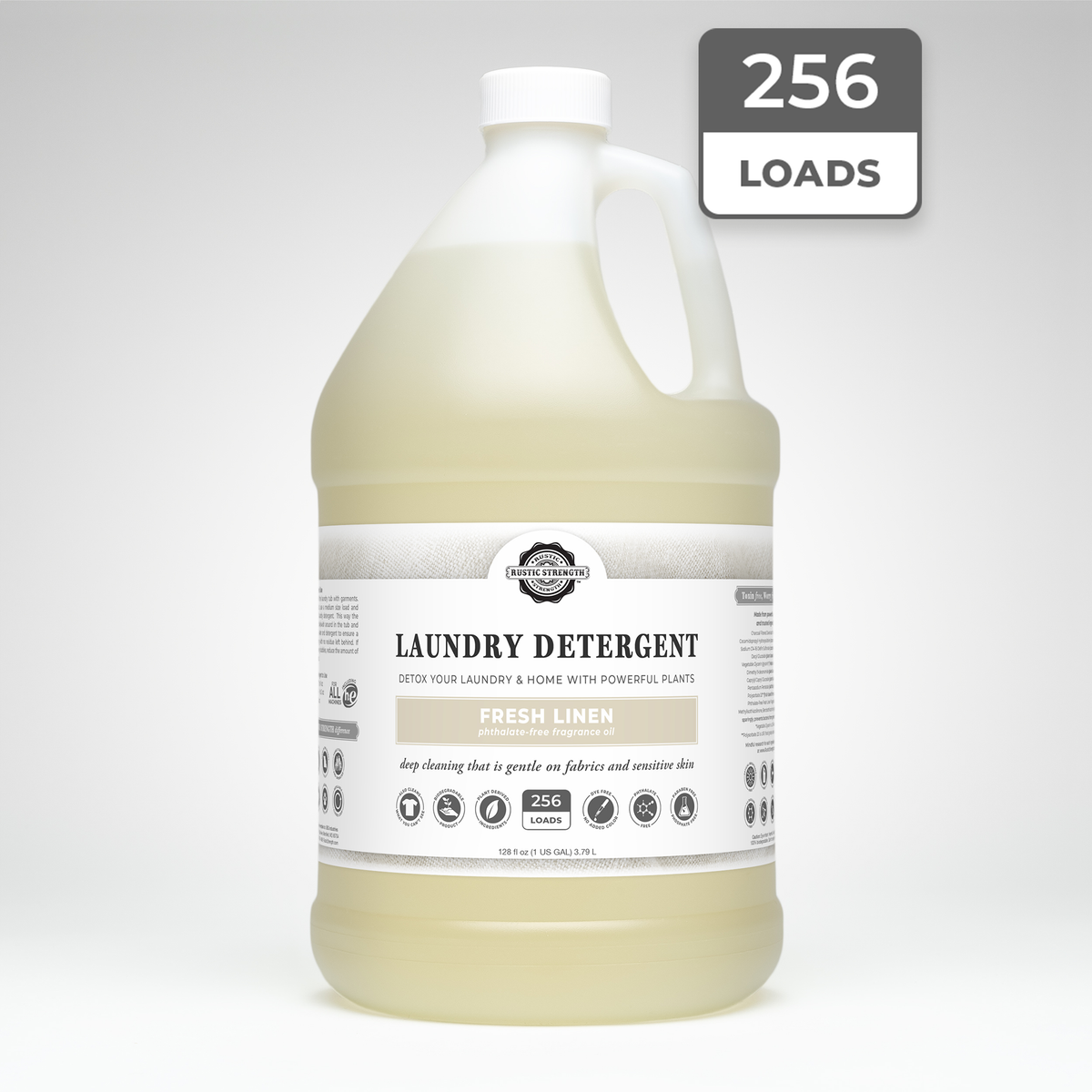 Rustic Strength, Laundry Detergent, 128oz, Plastic Jug, Fresh Linen with 256 Loads badge