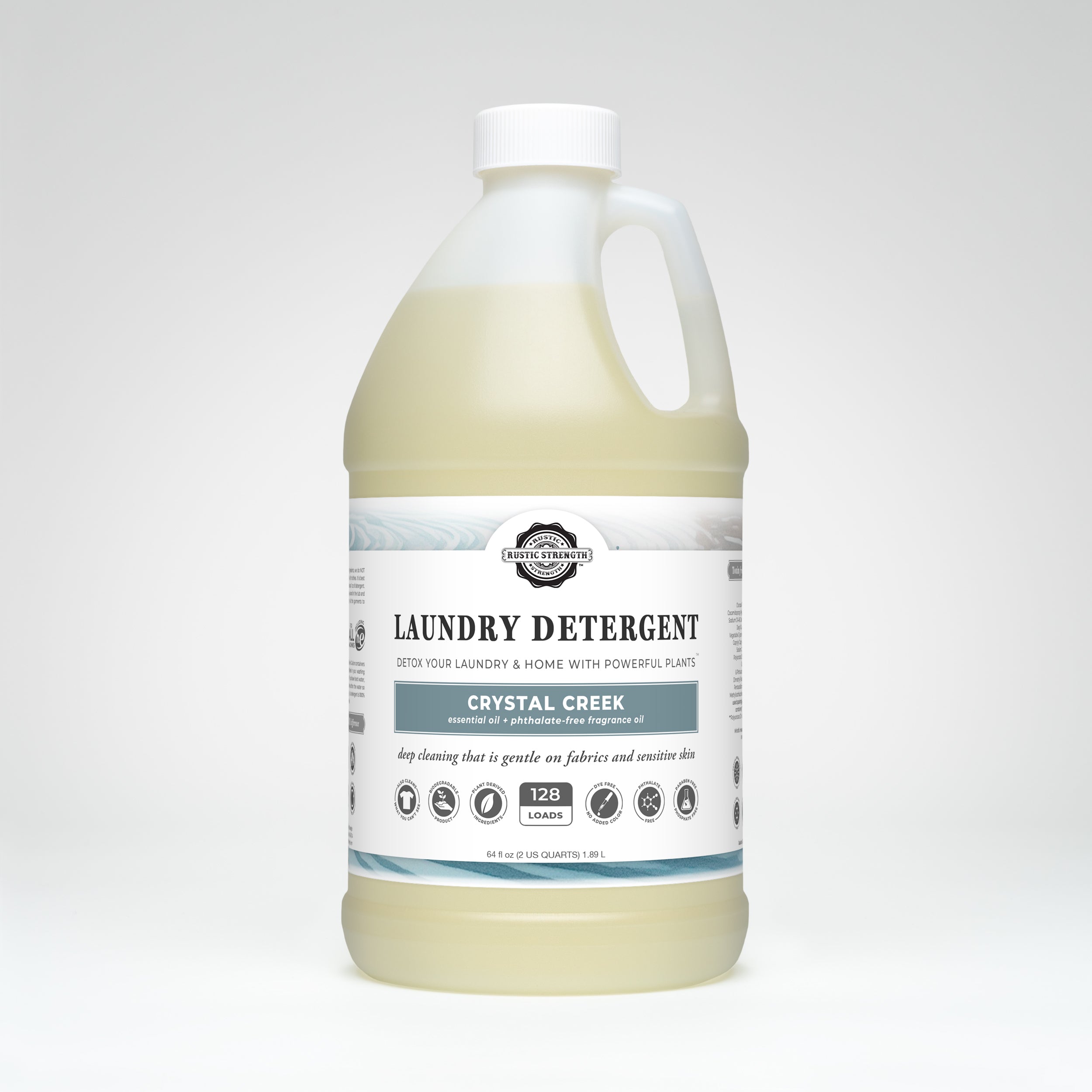 Half gallon plastic container of Crystal Creek scented laundry detergent