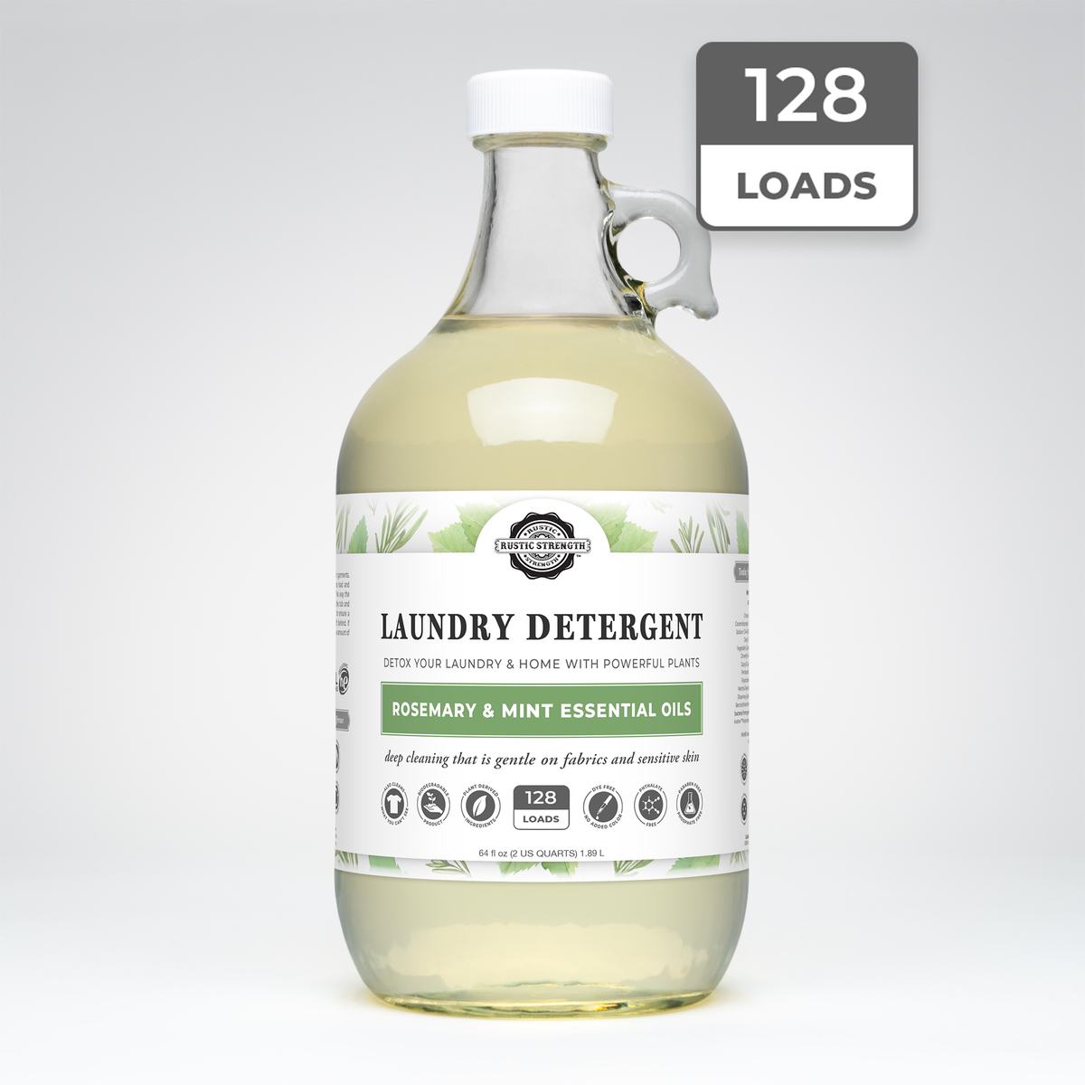 Rustic Strength, Laundry Detergent, 64oz, Glass Jug, Rosemary & Mint with 128 Loads badge