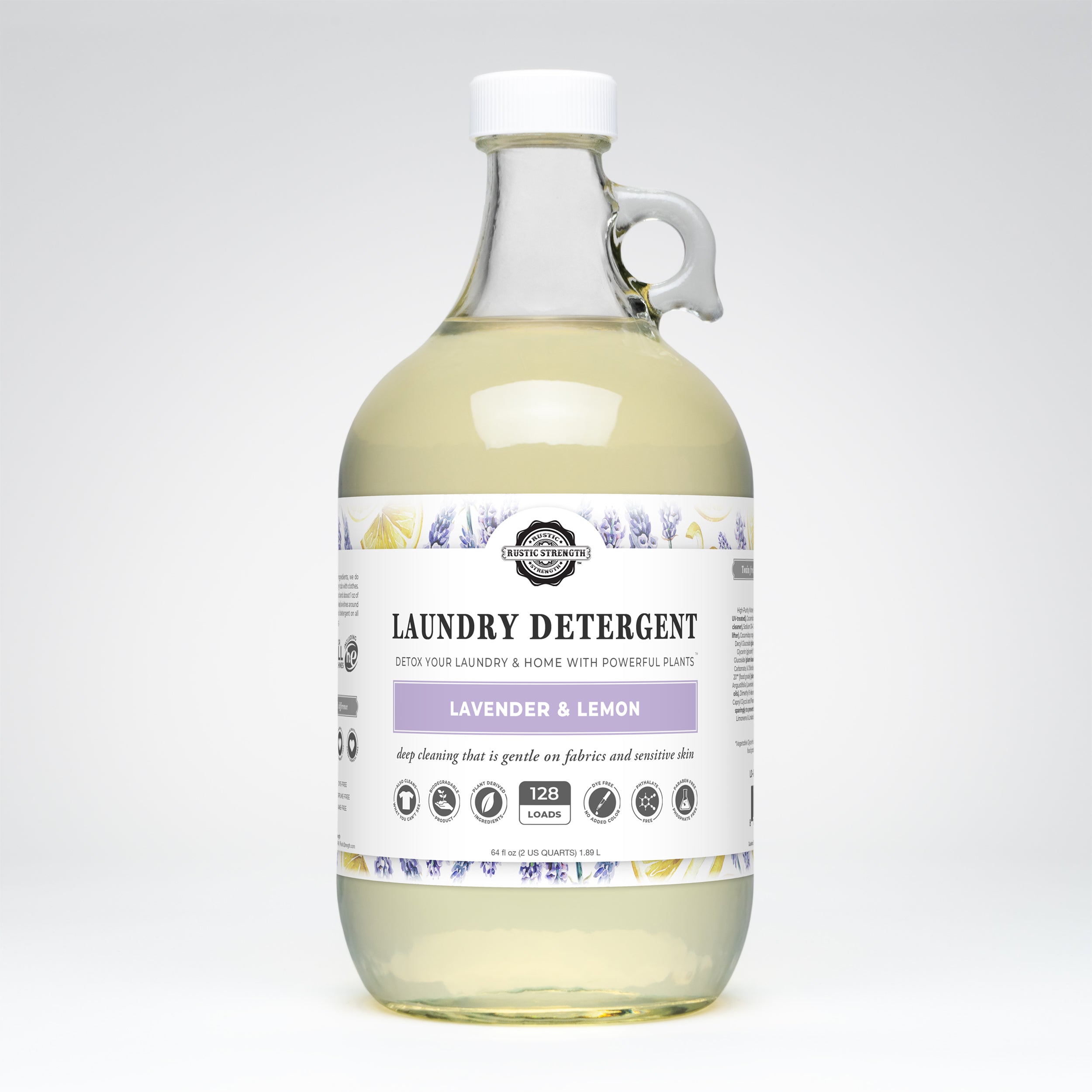 half gallon glass container of lavender lemon laundry detergent