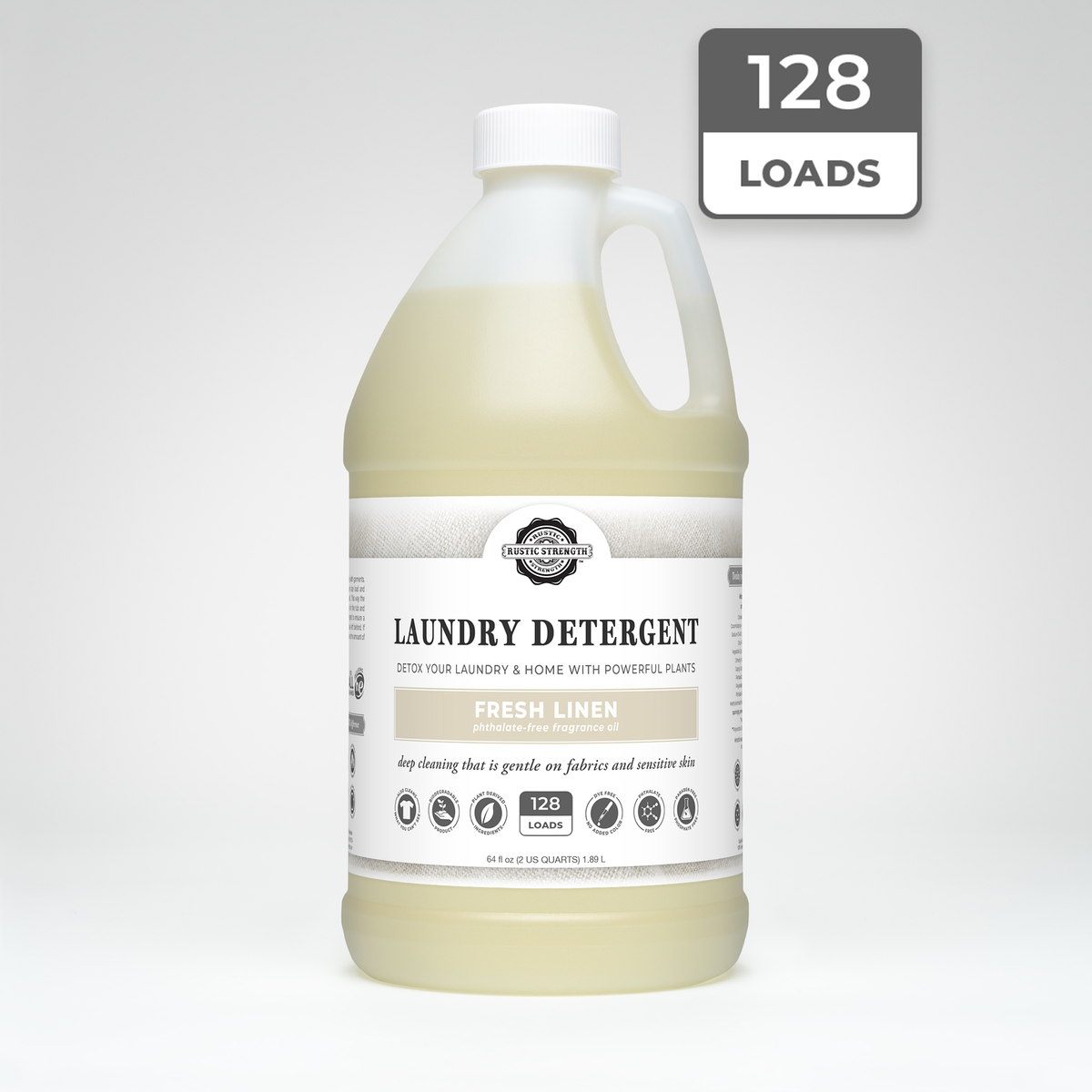 Rustic Strength, Laundry Detergent, 64oz, Plastic Jug, Fresh Linen with 128 Loads badge