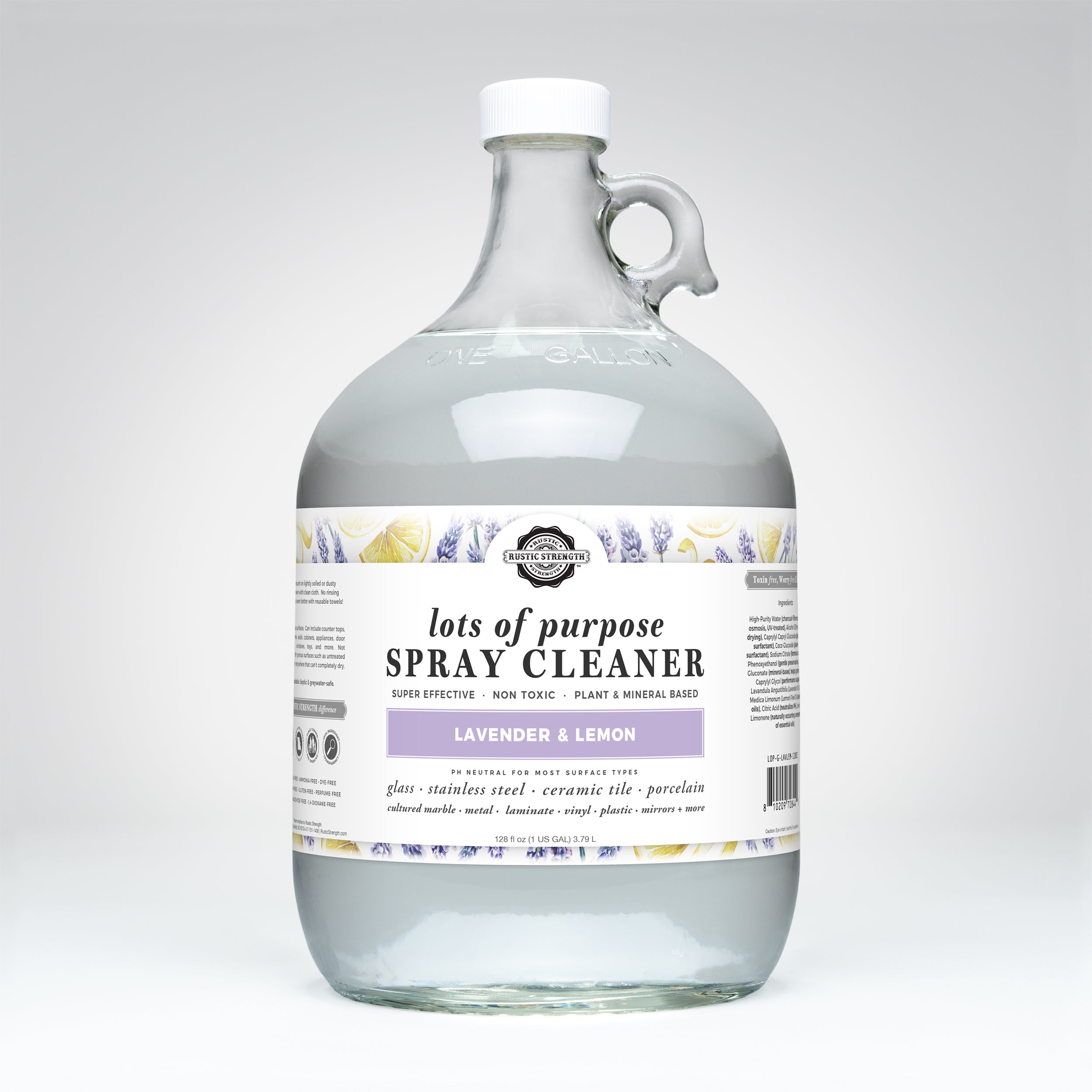 gallon glass container of lavender lemon lots of purpose spray cleaner