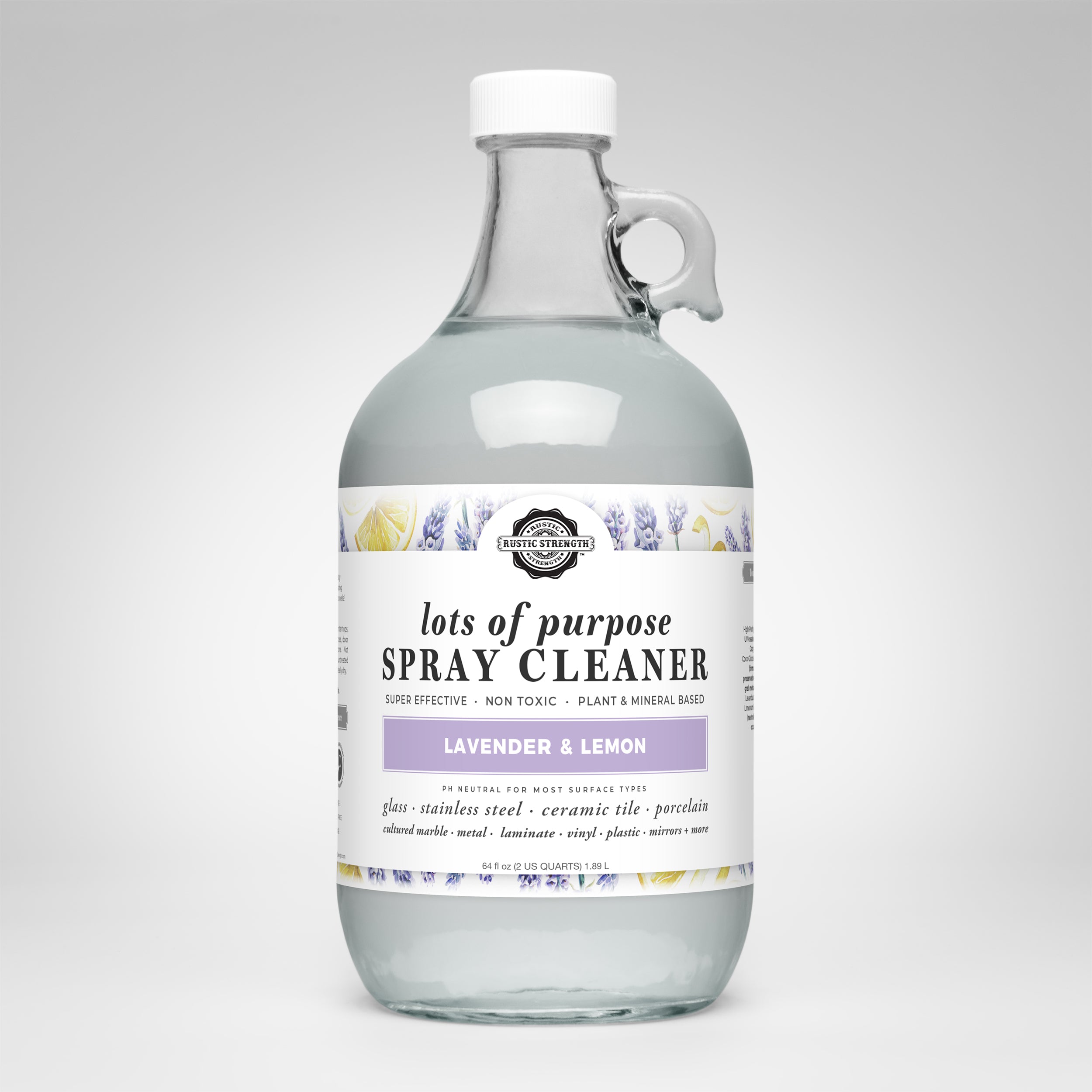 Half gallon glass container of lavender lemon lots of purpose spray cleaner