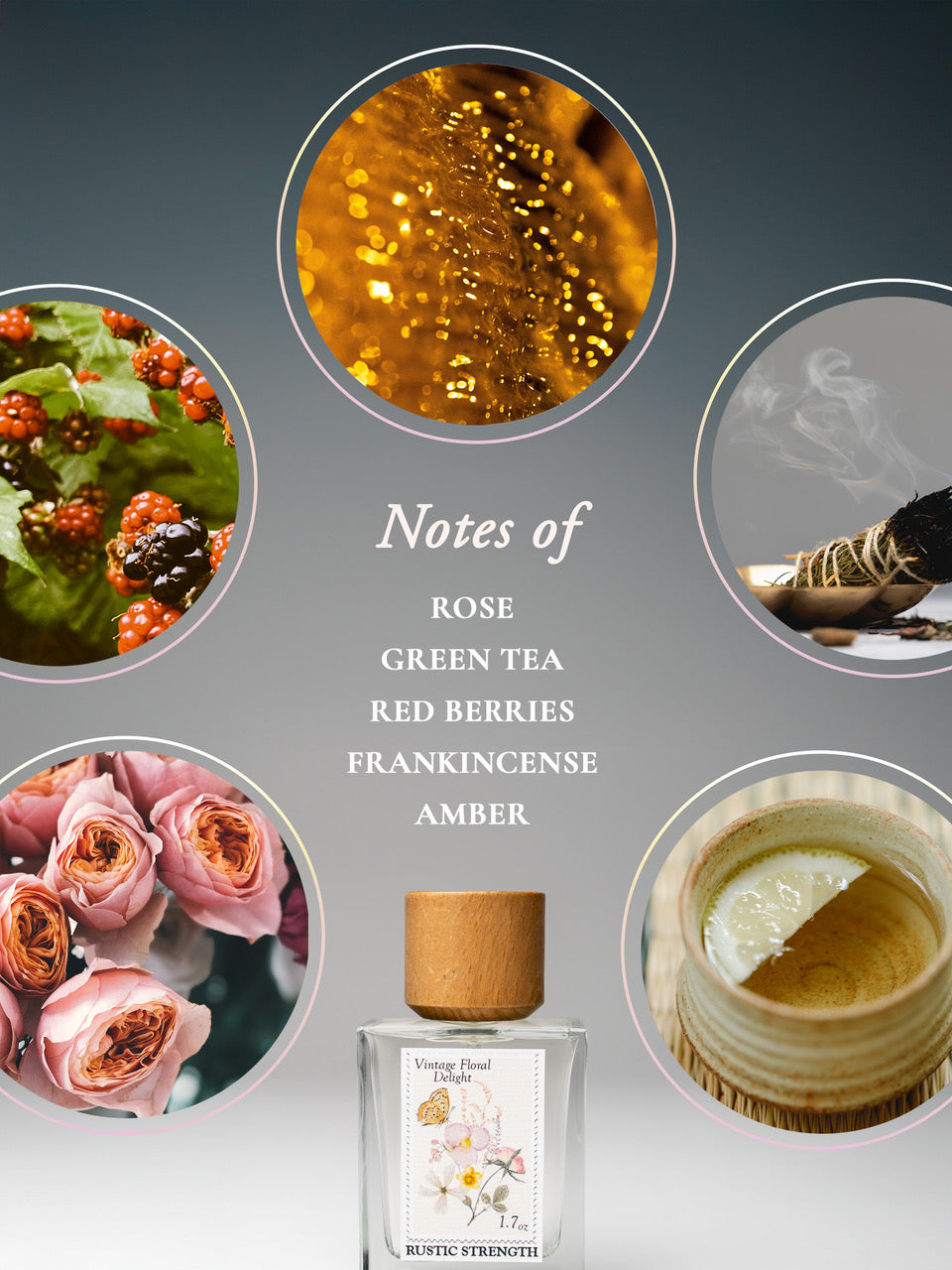 Vintage floral delight perfume with notes of rose, green tea, red berries, frankincense, and amber. 1.7 pounce