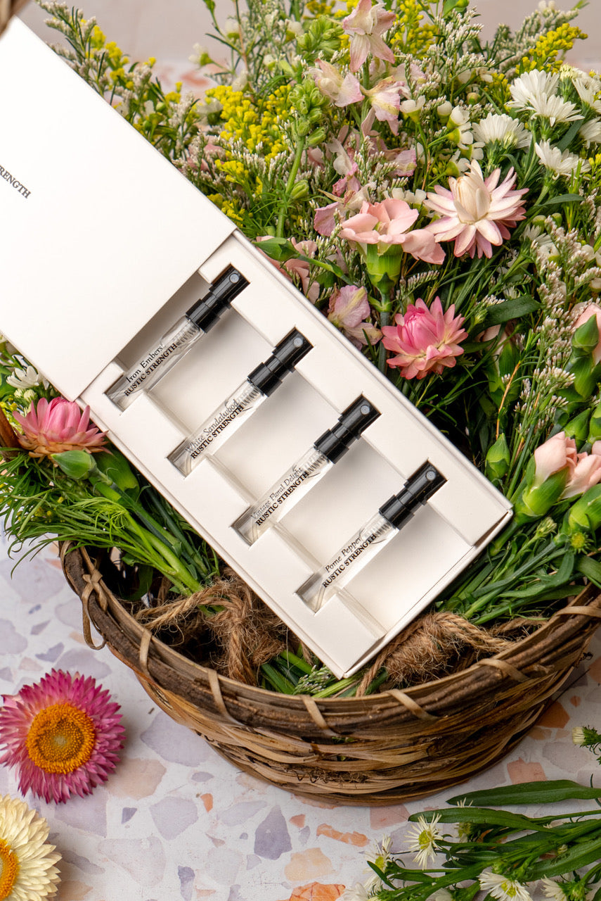 Perfume collection sample pack- Iron Embers, Pome Pepper, Vintage Floral Delight, and White Sandalwood