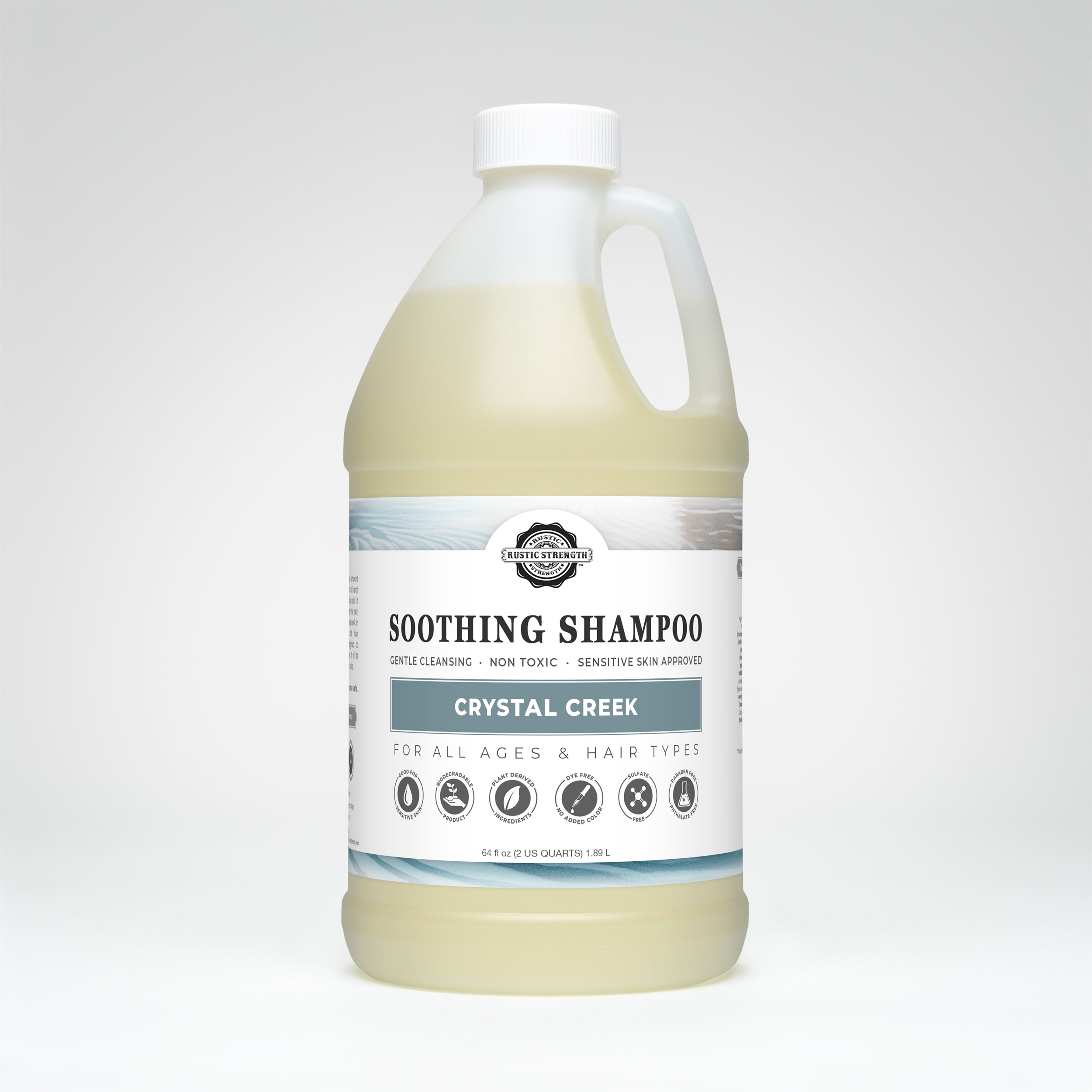 Gallon bottle of Crystal Creek soothing shampoo on a white background