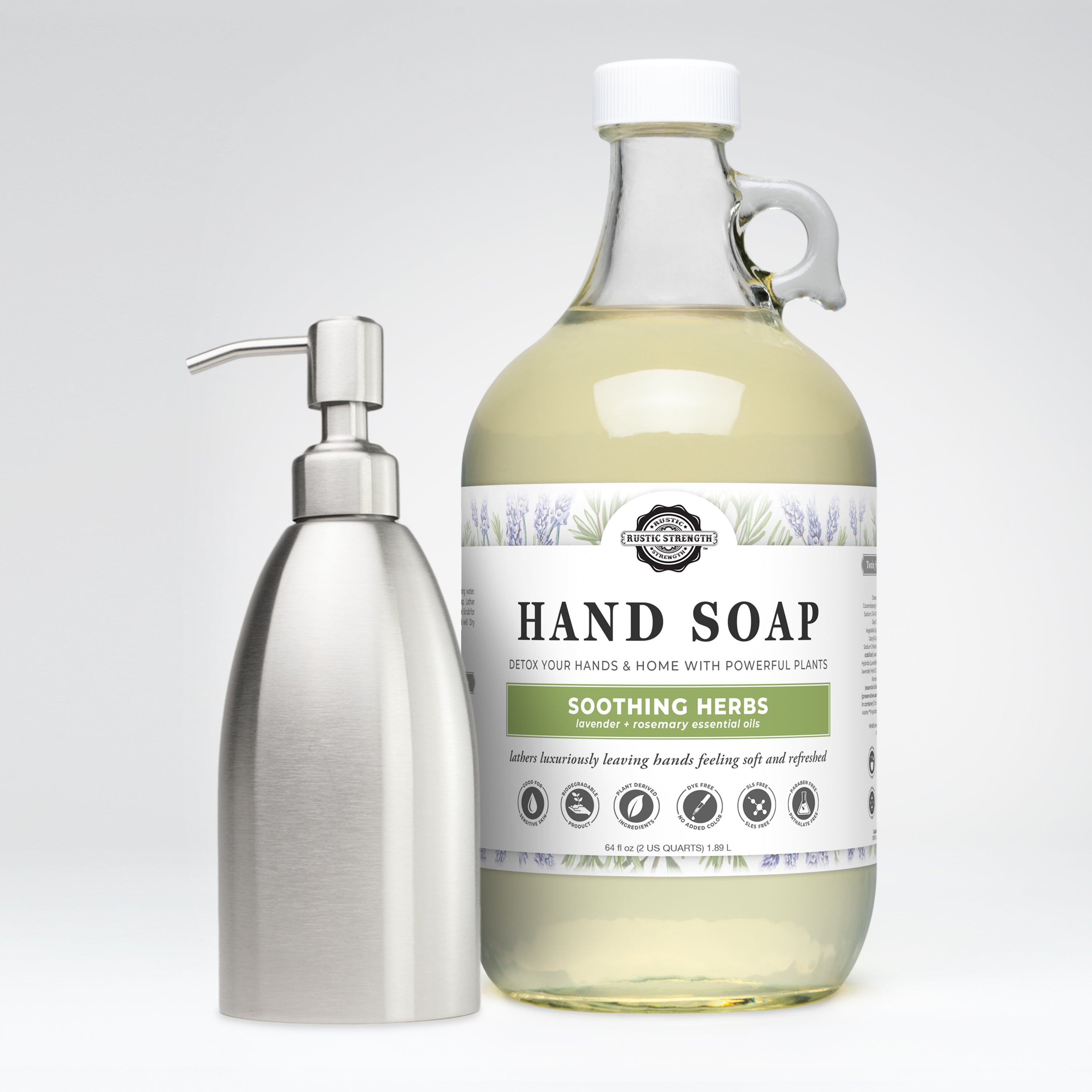 Hand Soap 64 oz Glass Jug + Stainless Steel 16 oz Keeper Bottle