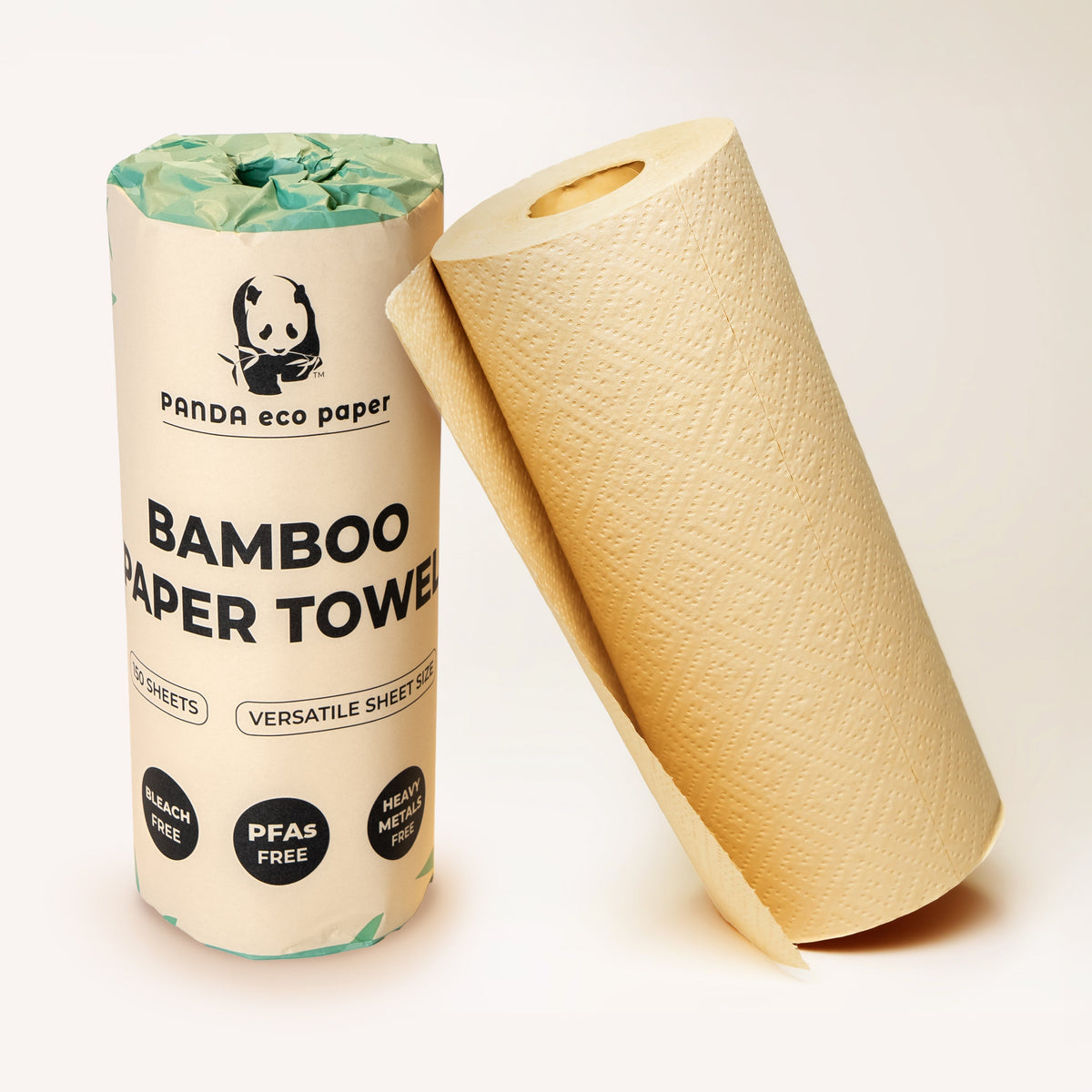 Panda Eco Paper, Rustic Strength, Bamboo Paper towels, two rolls shown one wrapped with one unwrapped leaning against the wrapped one.