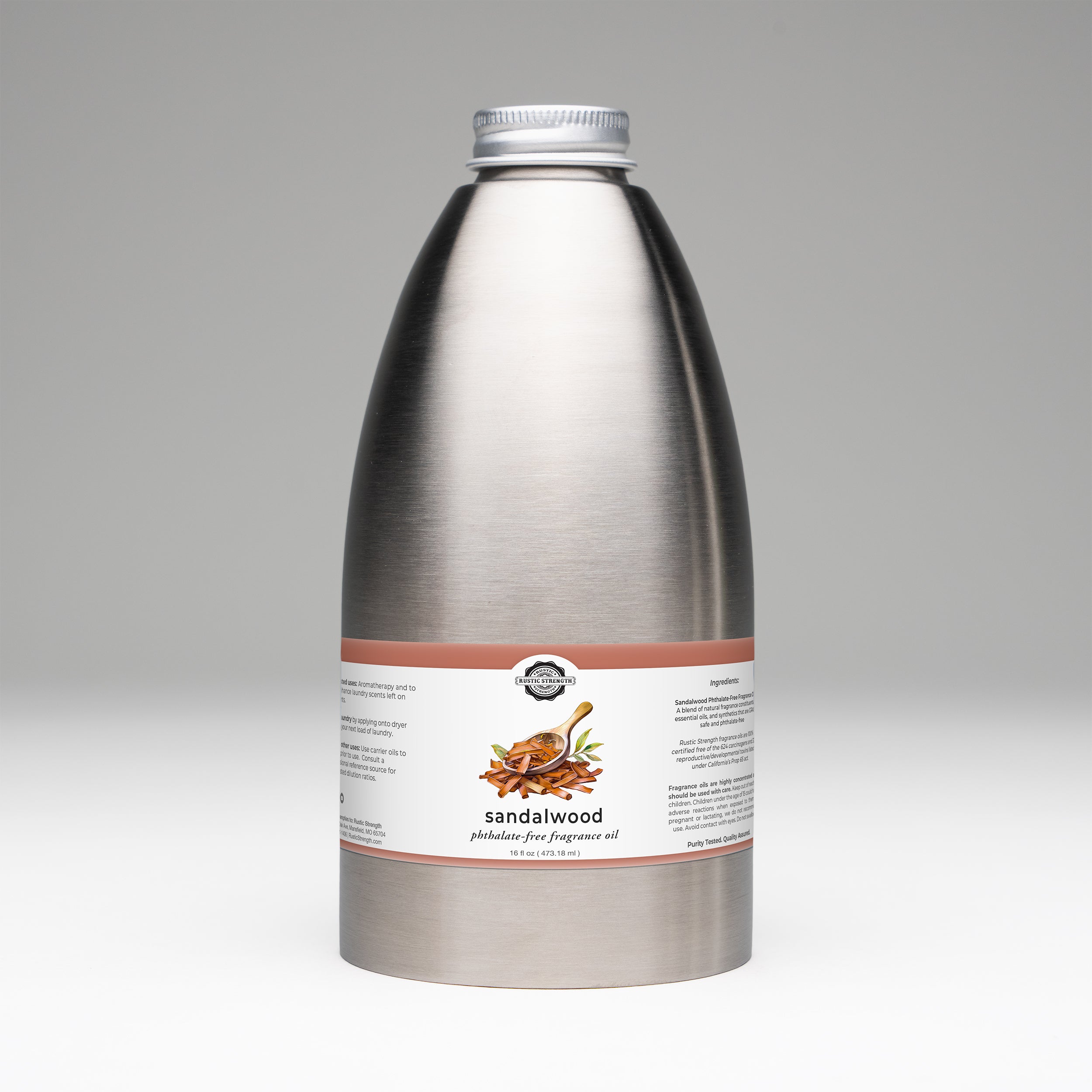 16 ounce stainless steel container of sandalwood fragrance oil