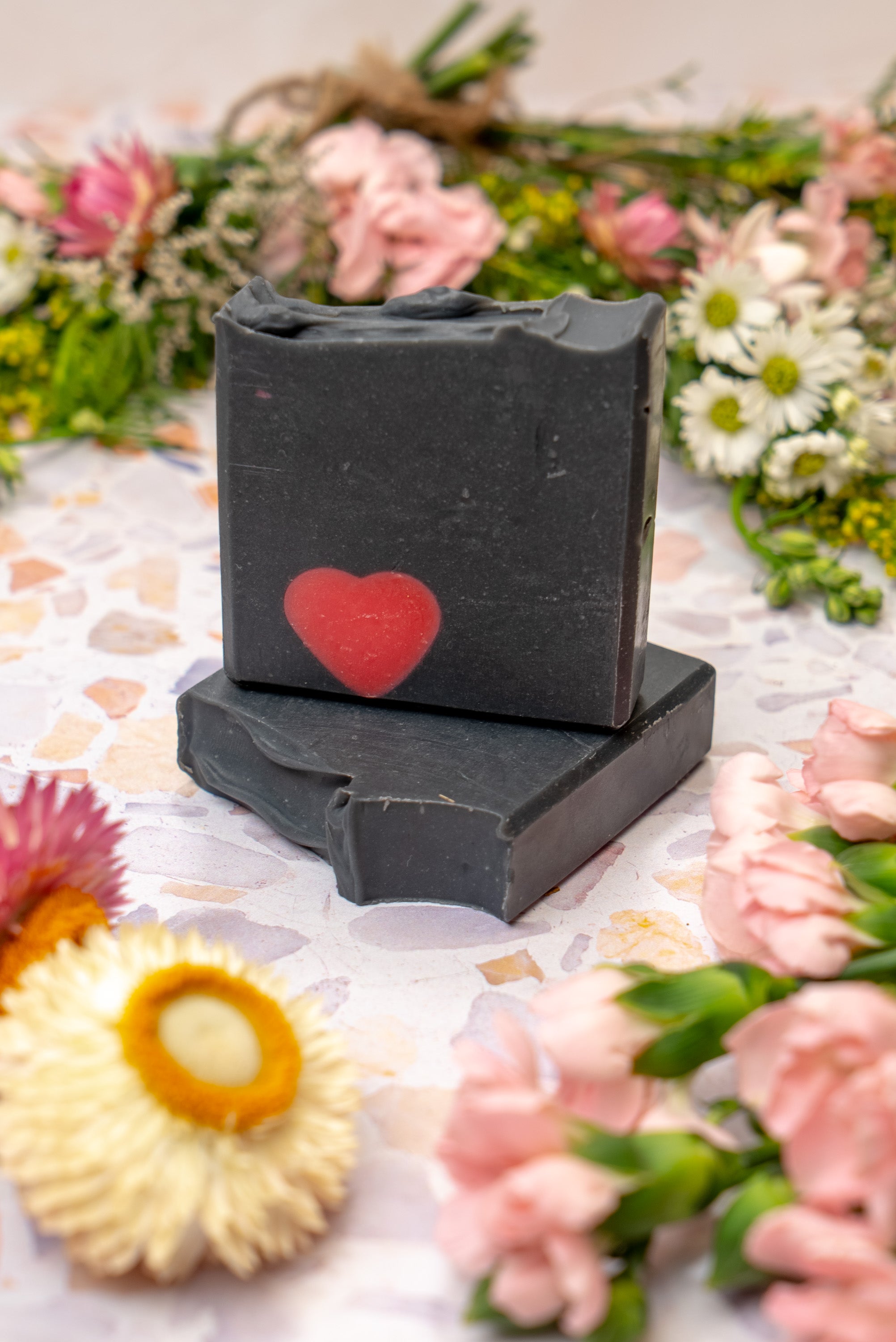 2 Valentine's Day soap bars for him surrounded by flowers