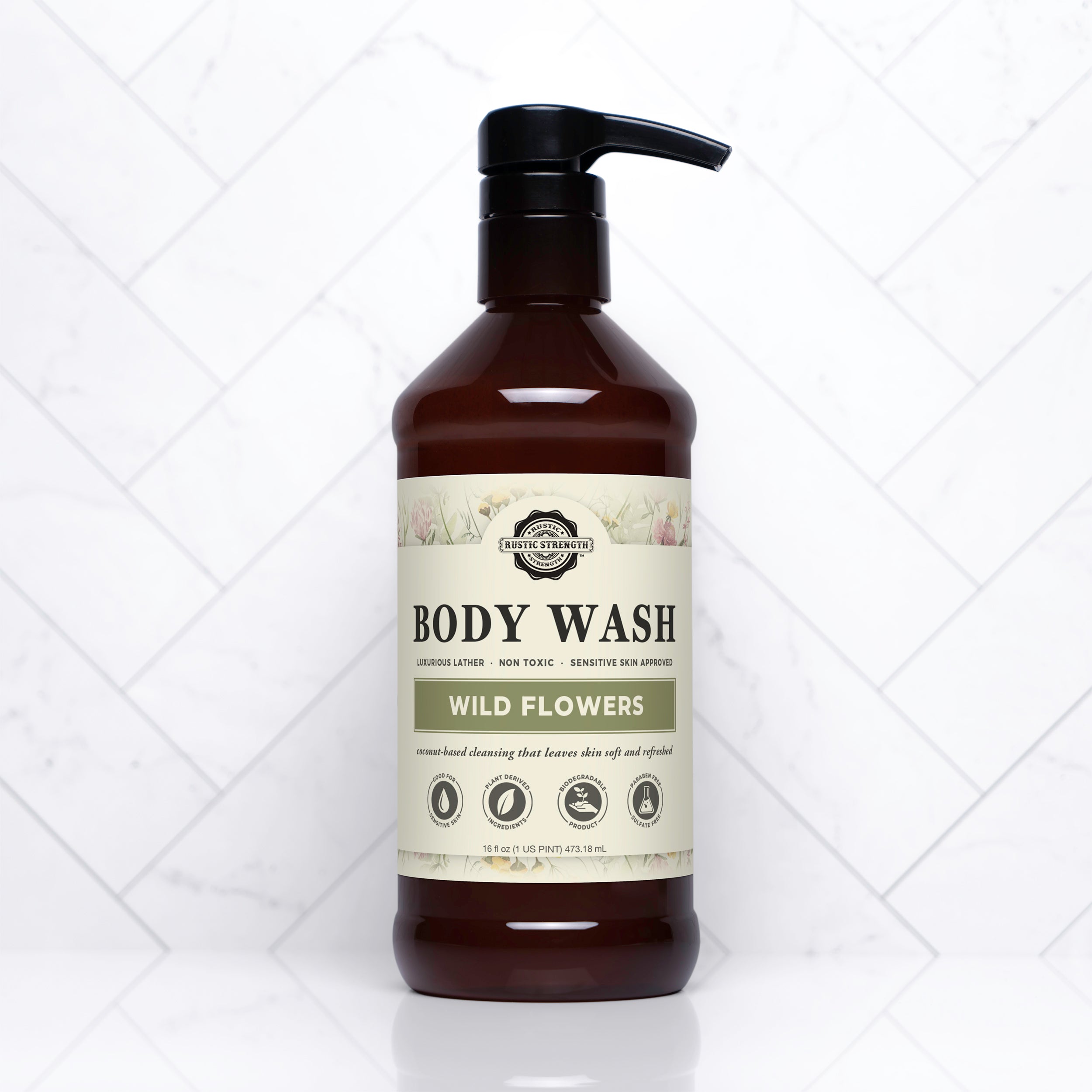 16 ounce plastic container of Wild Flowers body wash
