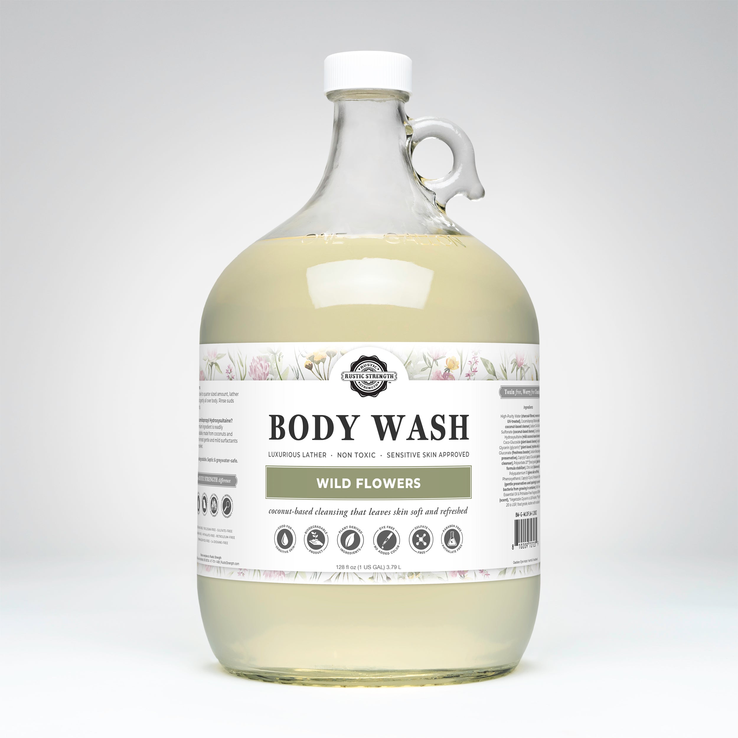 Gallon glass container of Wild Flowers scented body wash 