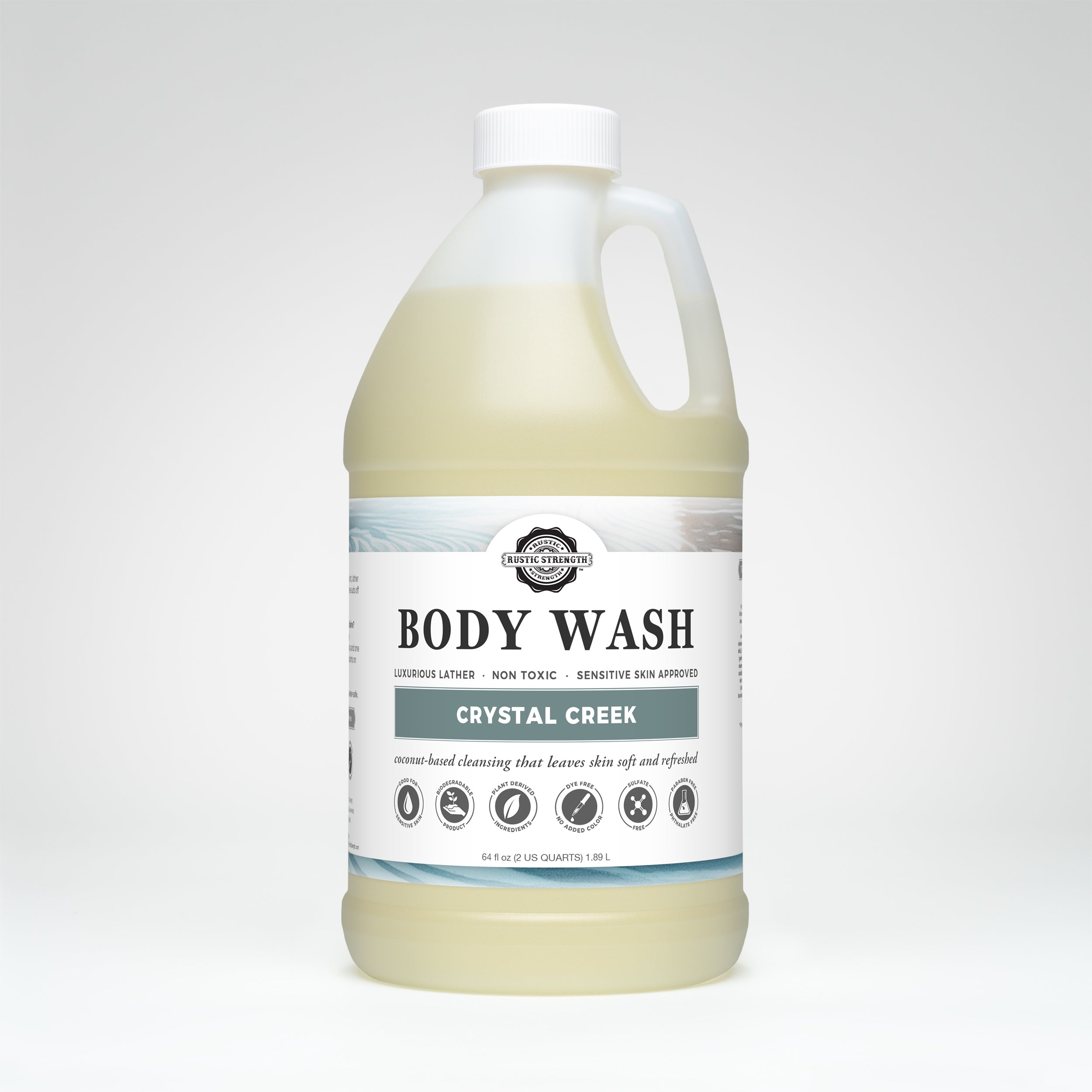 Half Gallon bottle of Crystal Creek body wash on a white background