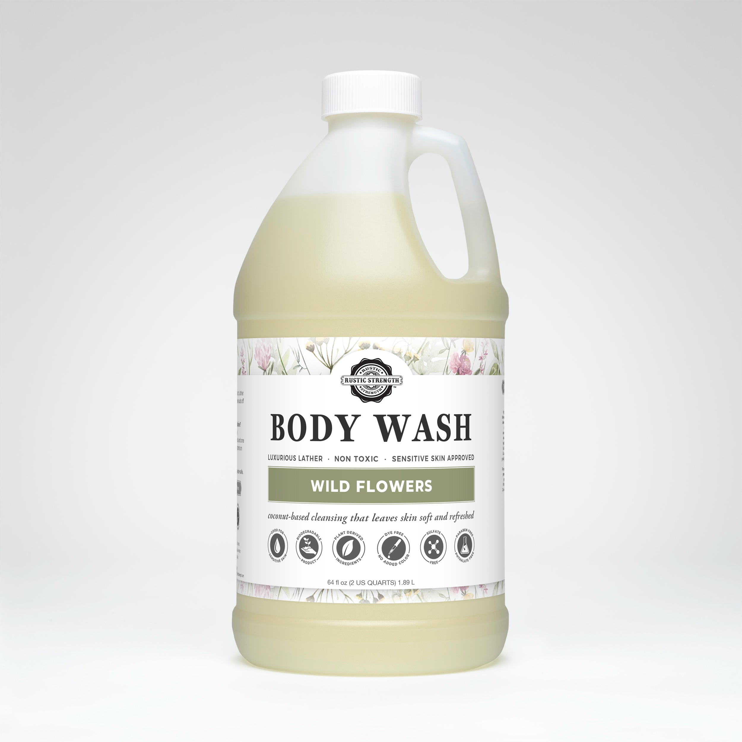 Half gallon plastic container of Wild Flowers scented body wash