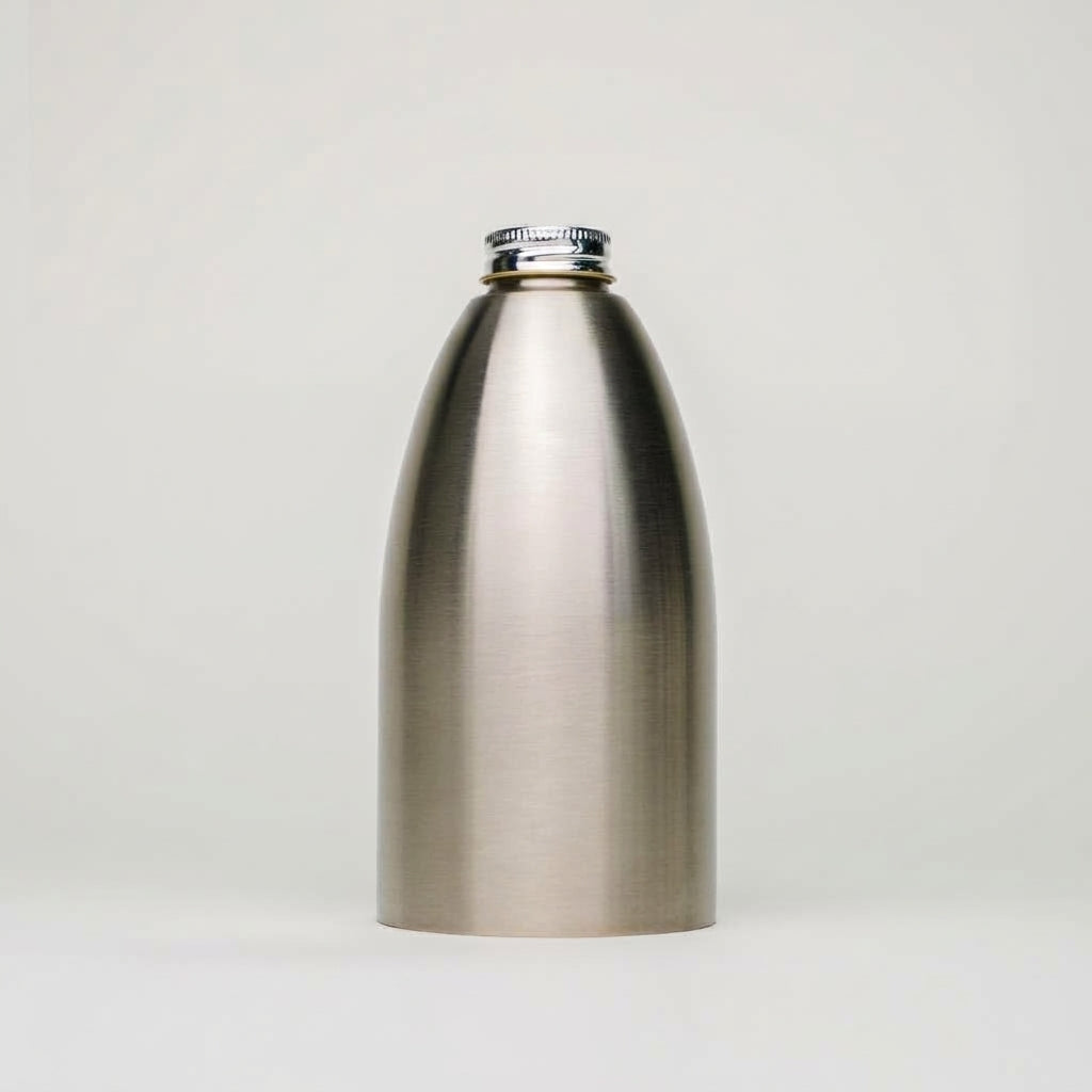 Rustic Strength, A 16oz brushed stainless steel bottle with a screw-on metal cap, centered against a light gray studio background.