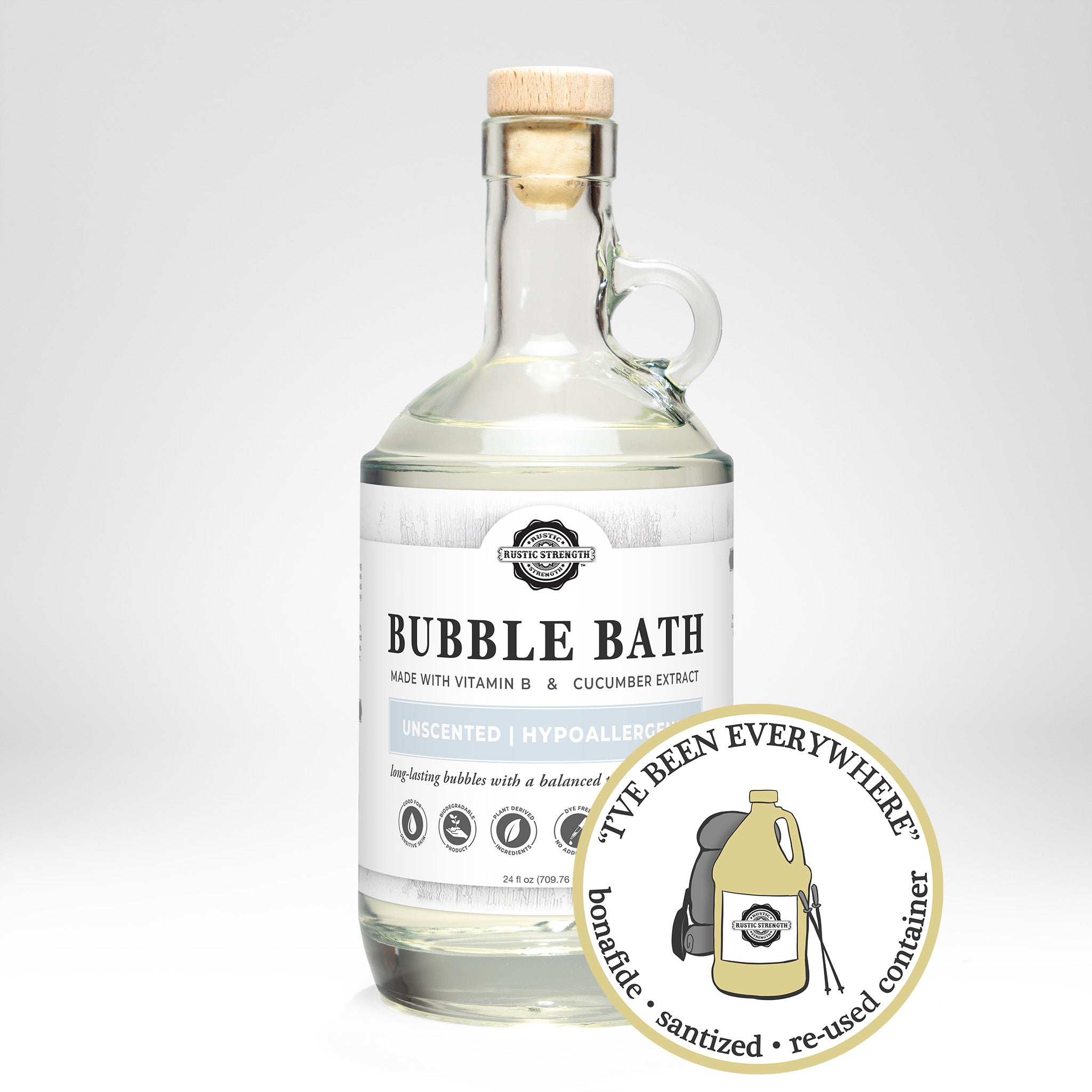 Sanitized and refilled 24 ounce glass bottle of unscented bubble bath