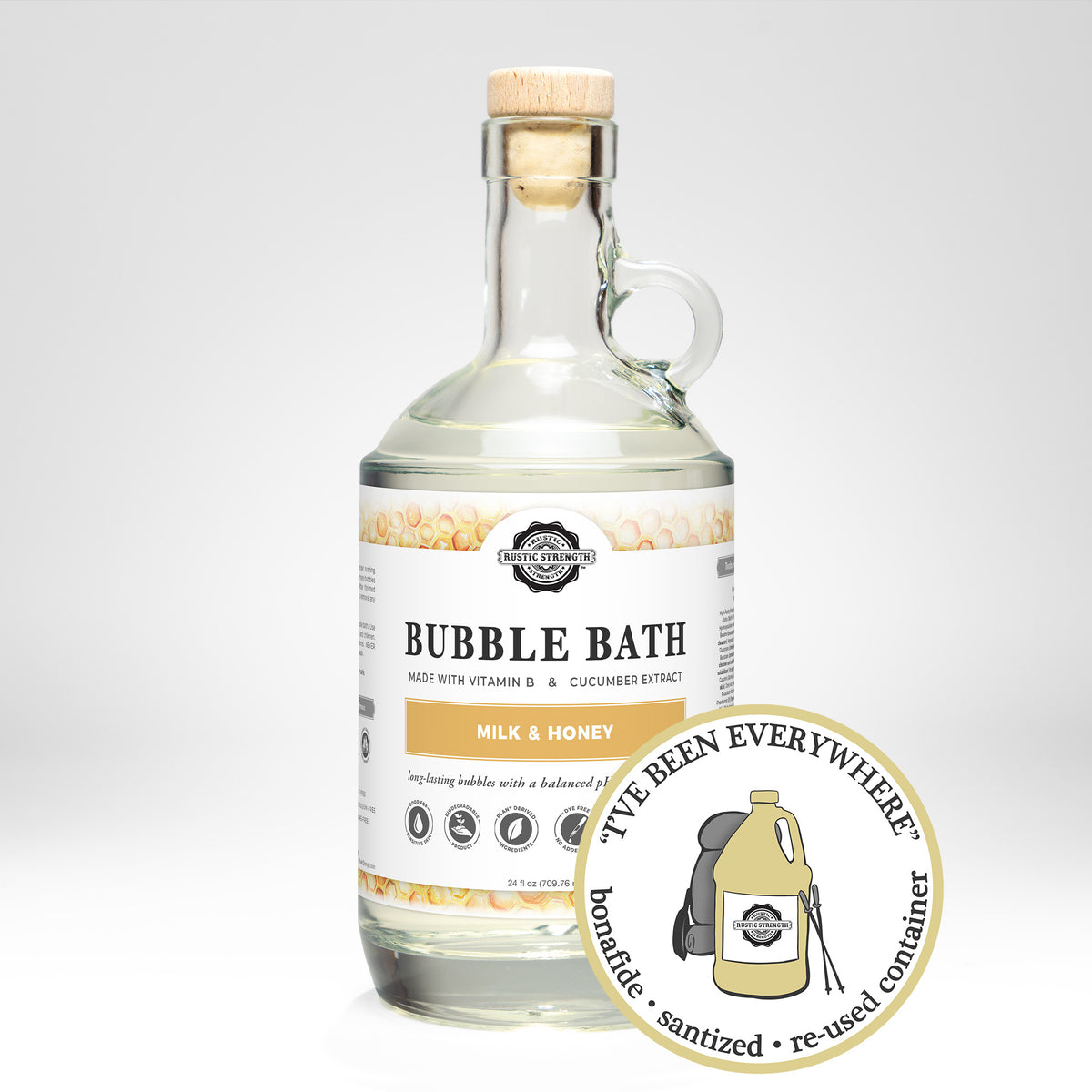Rustic Strength, Bubble Bath, 24oz, Glass Jug, Milk & Honey, with image "I've been everywhere - Bonafide, Sanitized, Re-used Container"