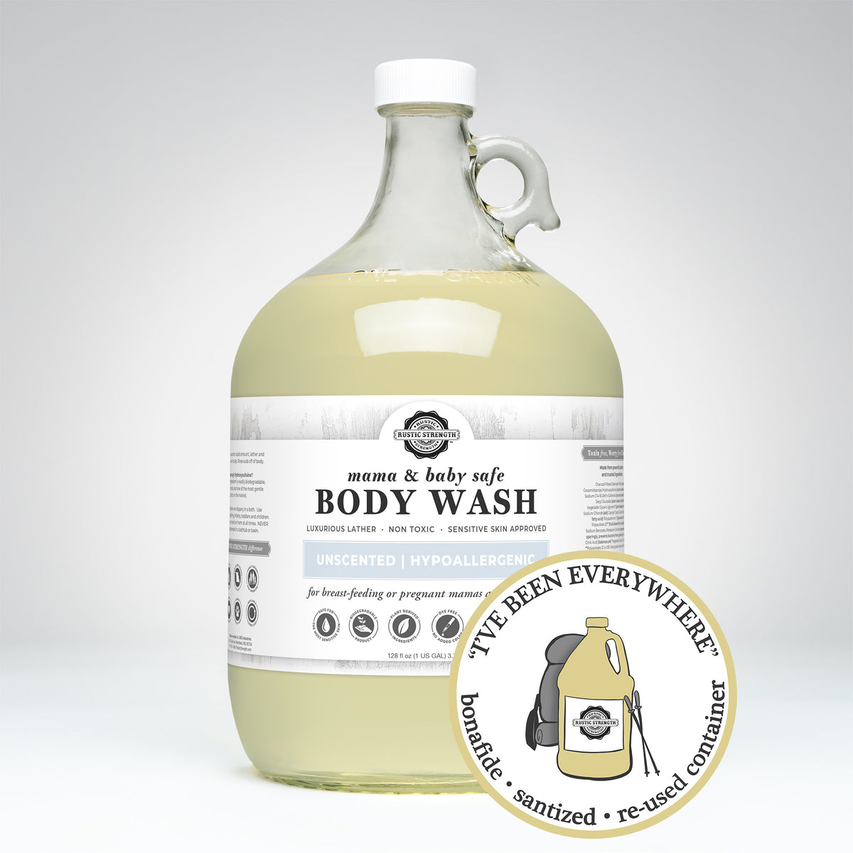 Rustic Strength, Body Wash, 1 Gallon, Glass Jug, Mama & Baby Safe, with image "I've been everywhere - Bonafide, Sanitized, Re-used Container"