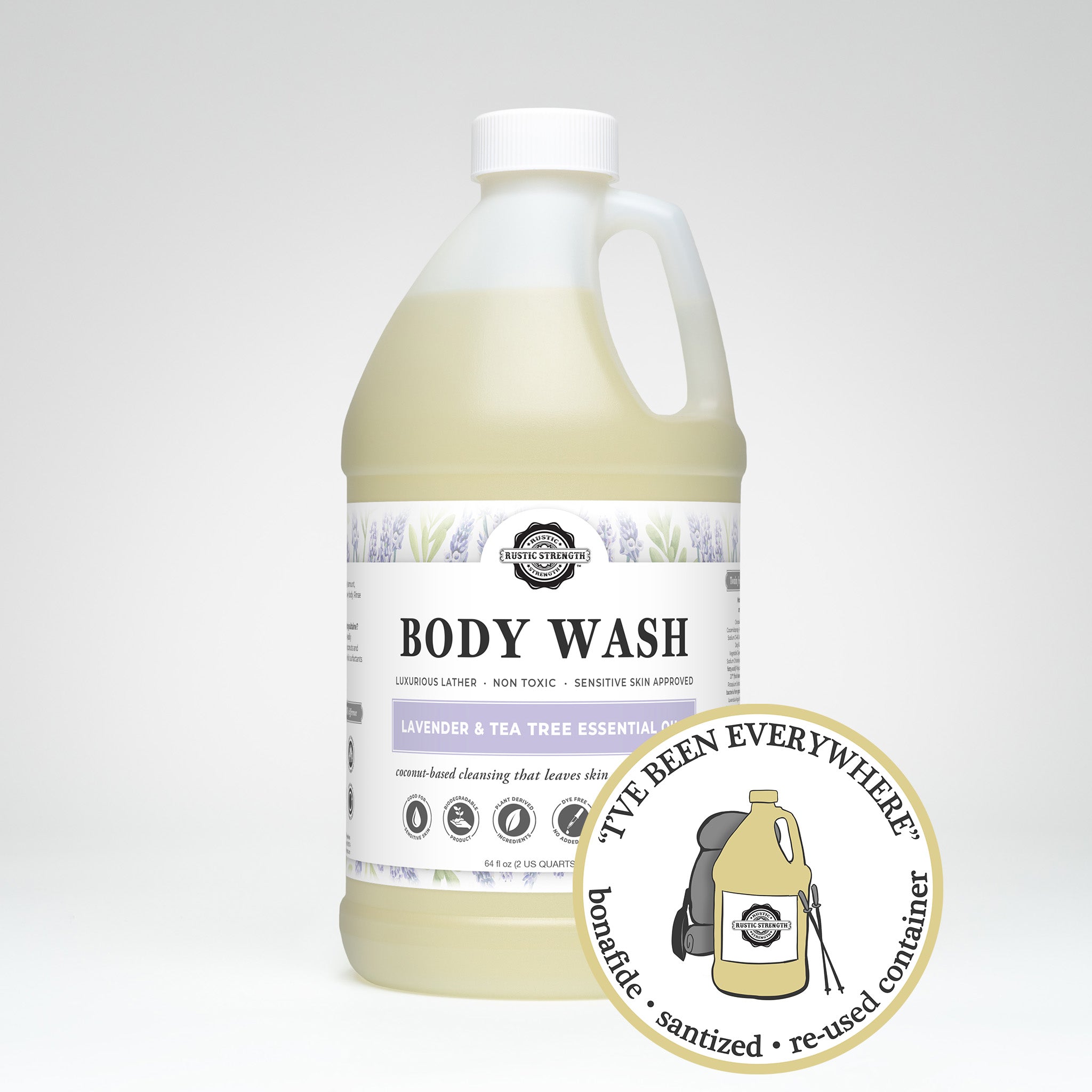 Sanitized and refilled half gallon plastic jug of body wash in lavender and tea tree essential oil scent.