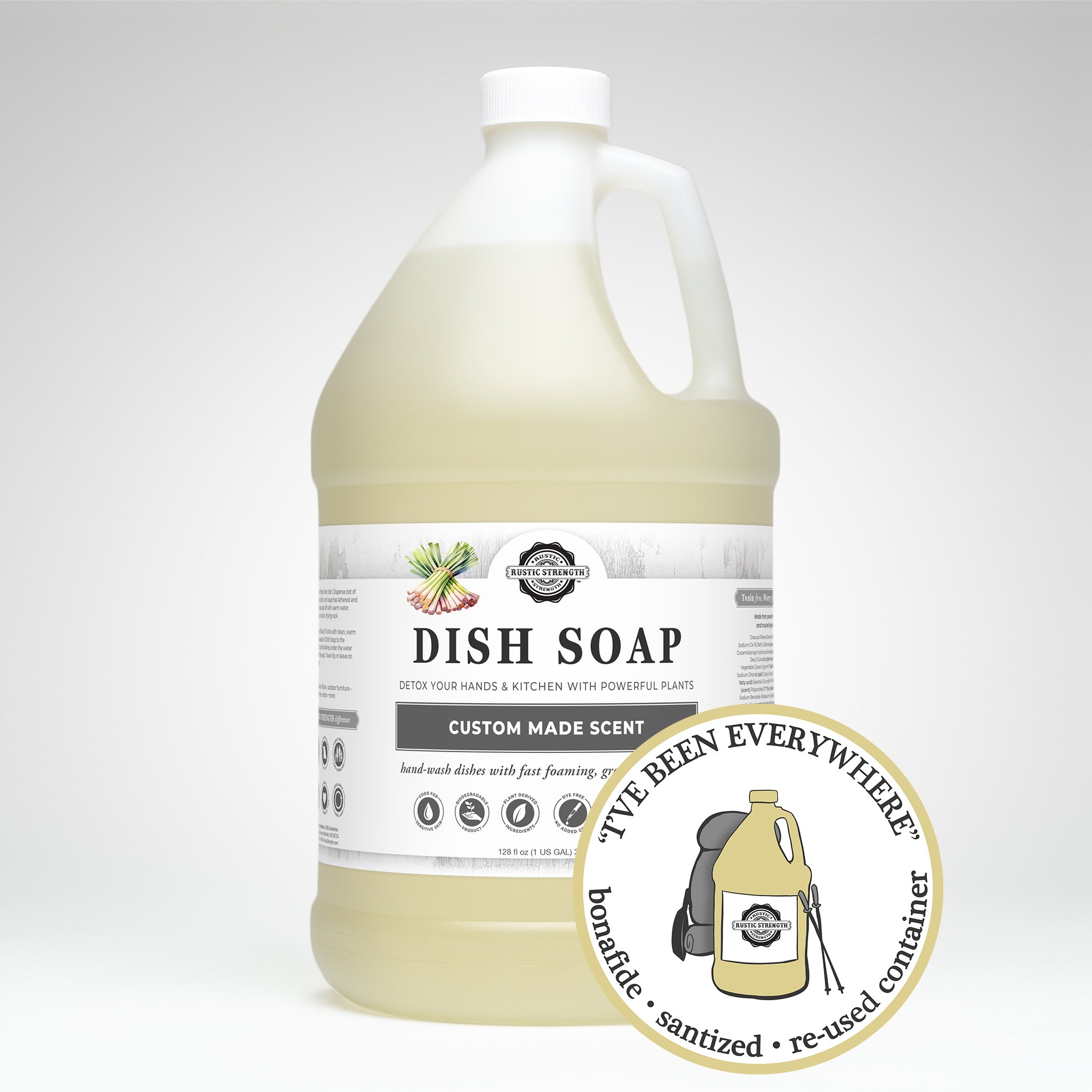 sanitized and refilled gallon plastic container of custom scented dish soap
