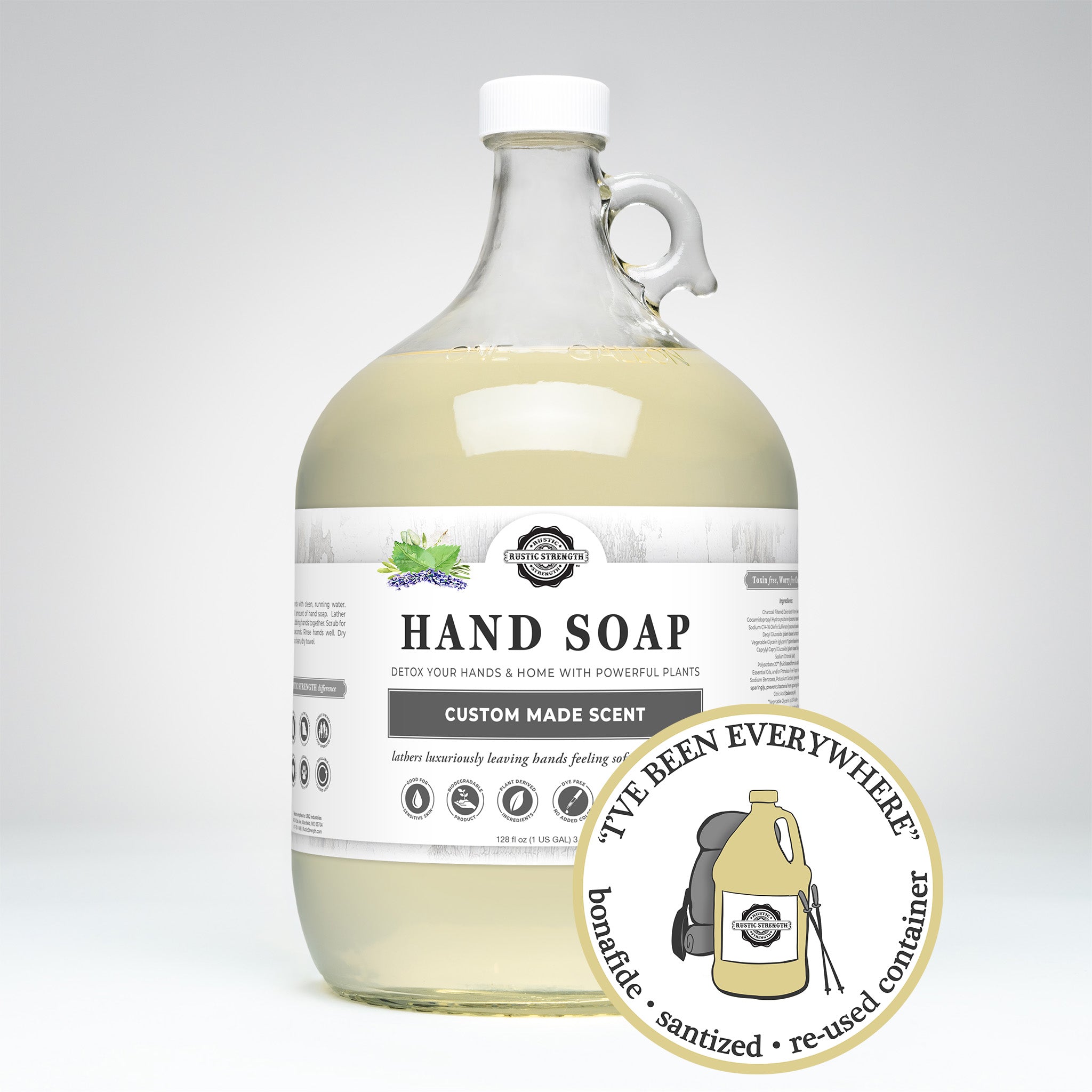 sanitized and refilled gallon glass jug of custom scented hand soap