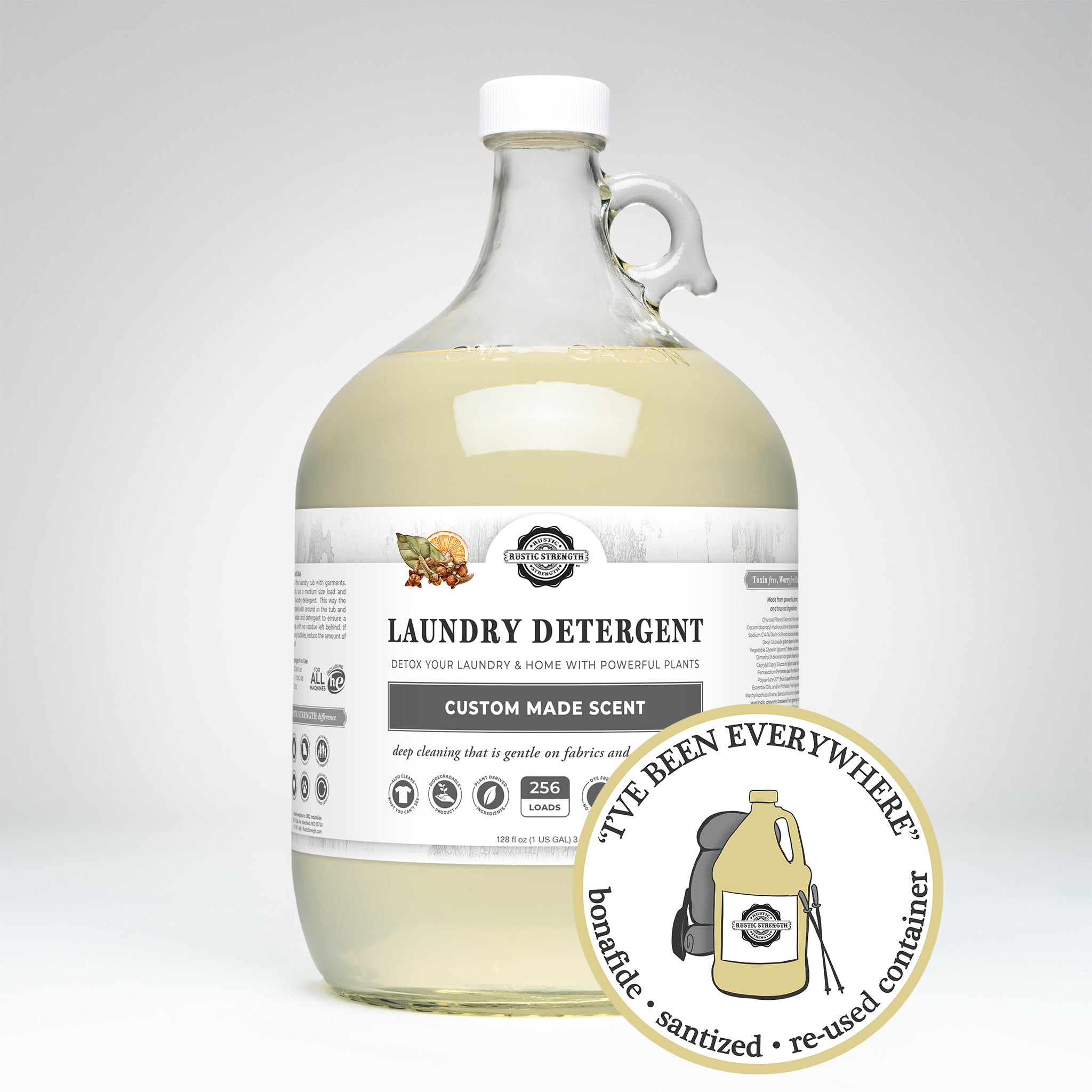 Sanitized and refilled gallon glass jug of custom scented laundry detergent