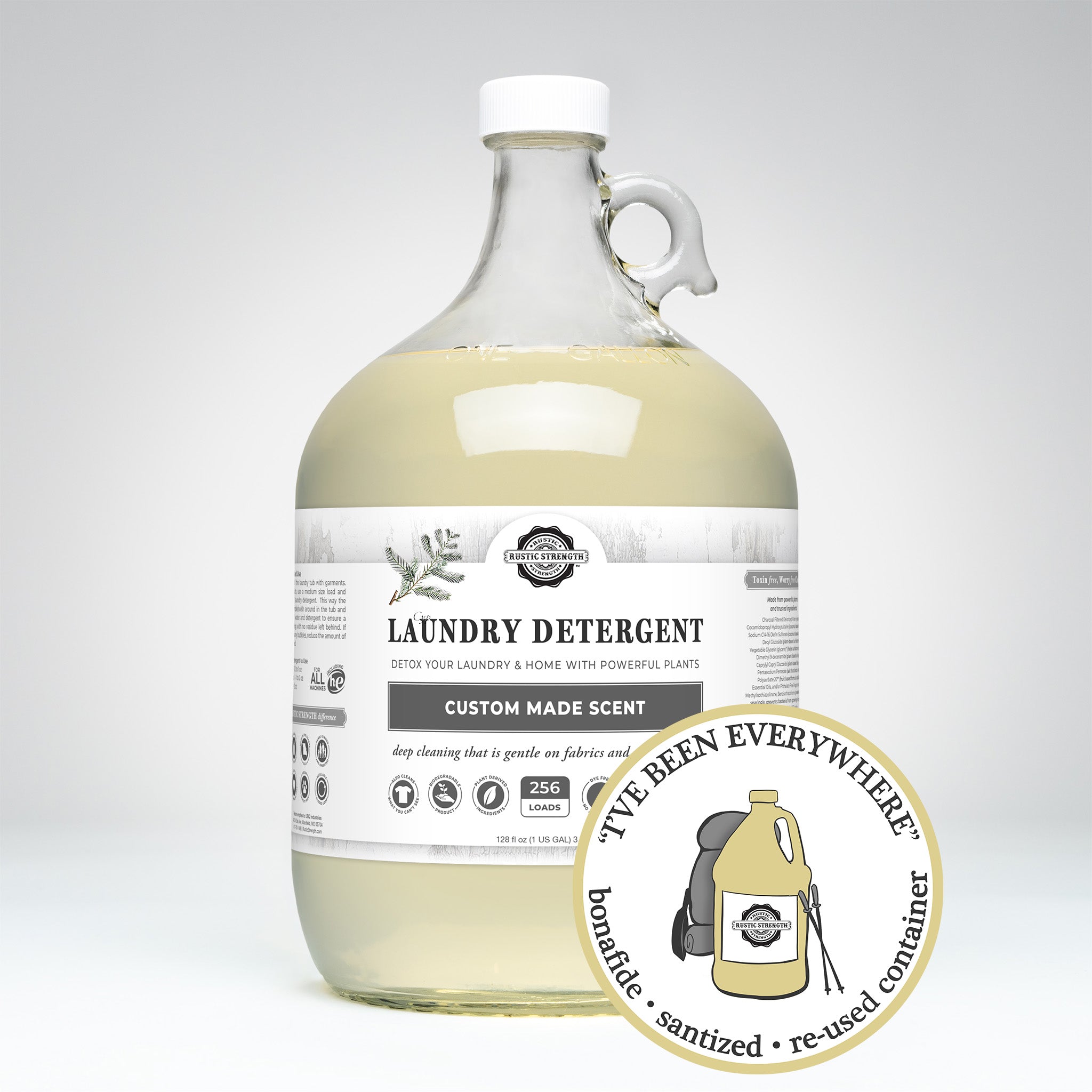 Sanitized and refilled gallon glass jug of custom scented laundry detergent