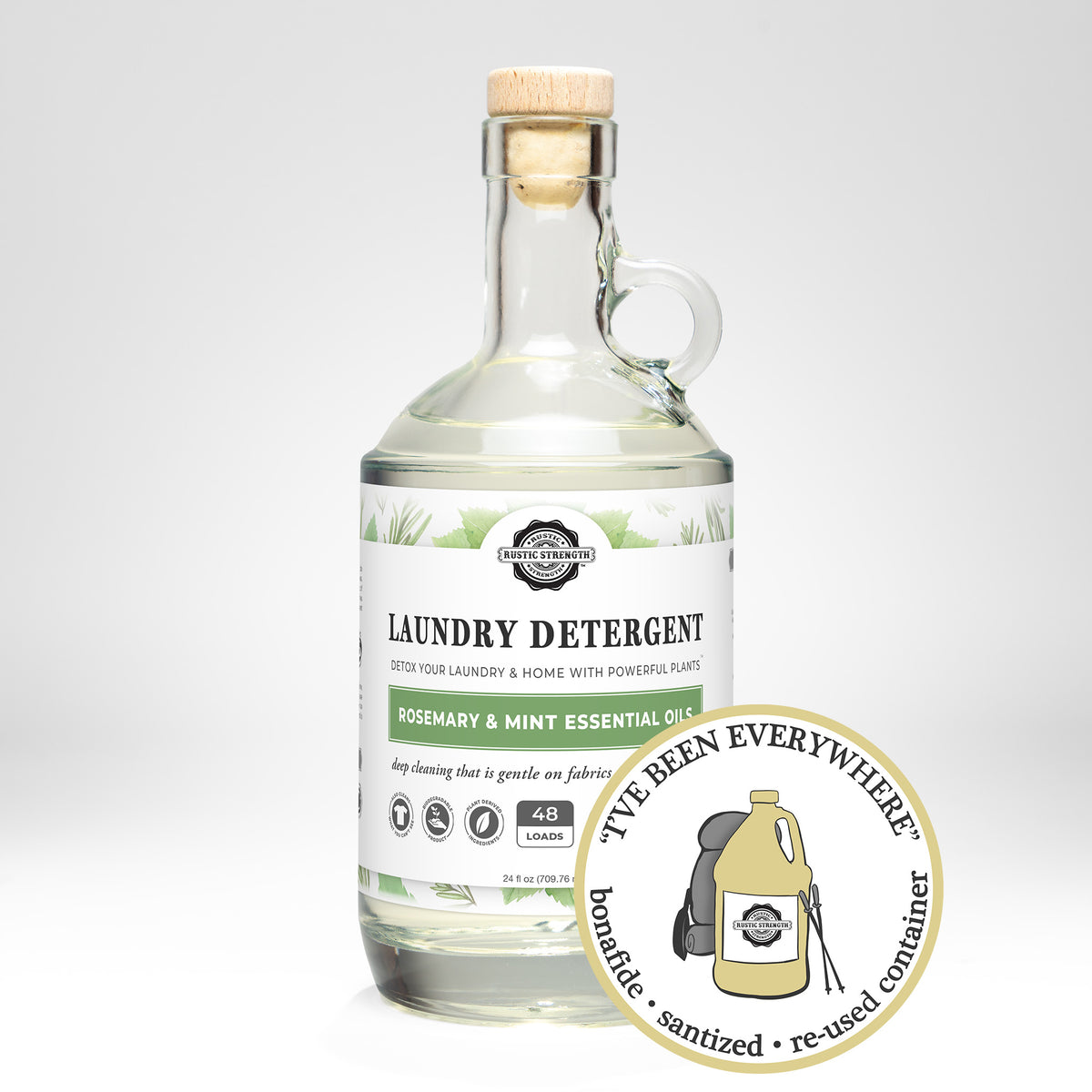Rustic Strength, Laundry Detergent, 24oz, Glass Jug, Rosemary & Mint, with image "I've been everywhere - Bonafide, Sanitized, Re-used Container"
