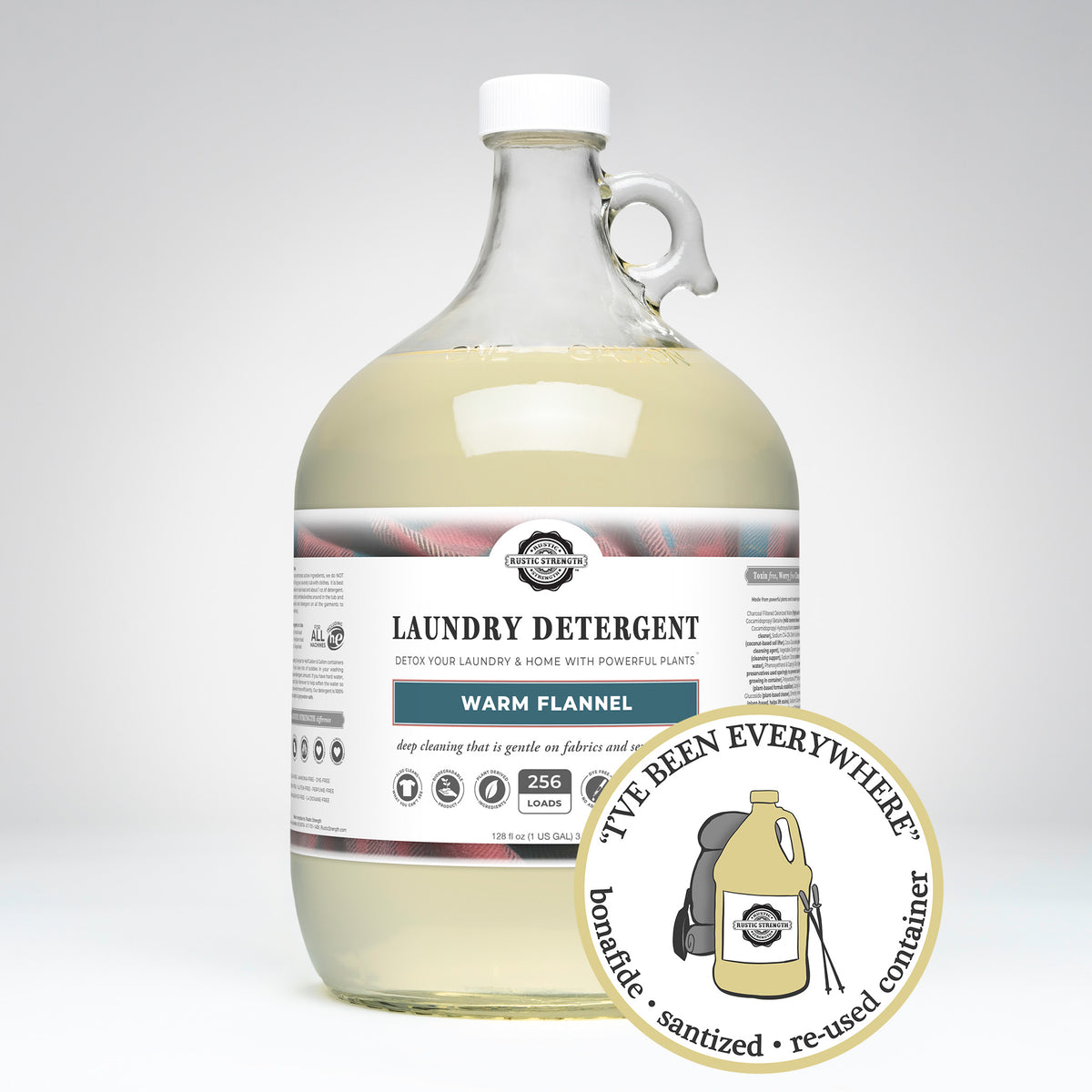 Rustic Strength, Laundry Detergent, 1 Gallon, Glass Jug, Warm Flannel, with image "I've been everywhere - Bonafide, Sanitized, Re-used Container"