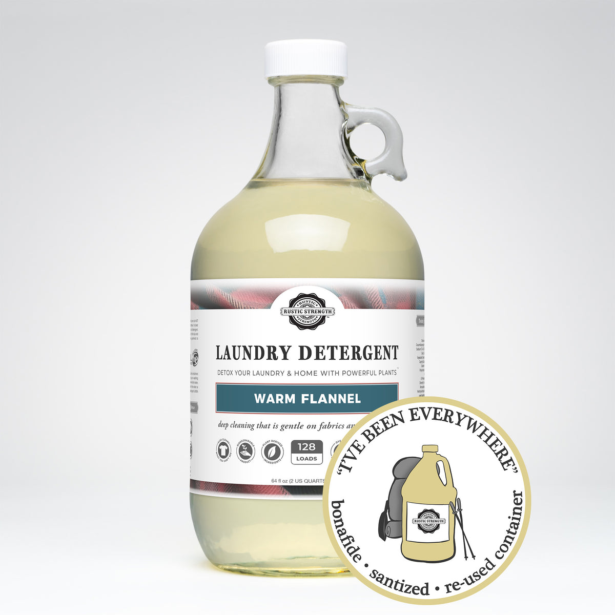 Sanitized and refilled half gallon glass jug of warm flannel scented laundry detergent