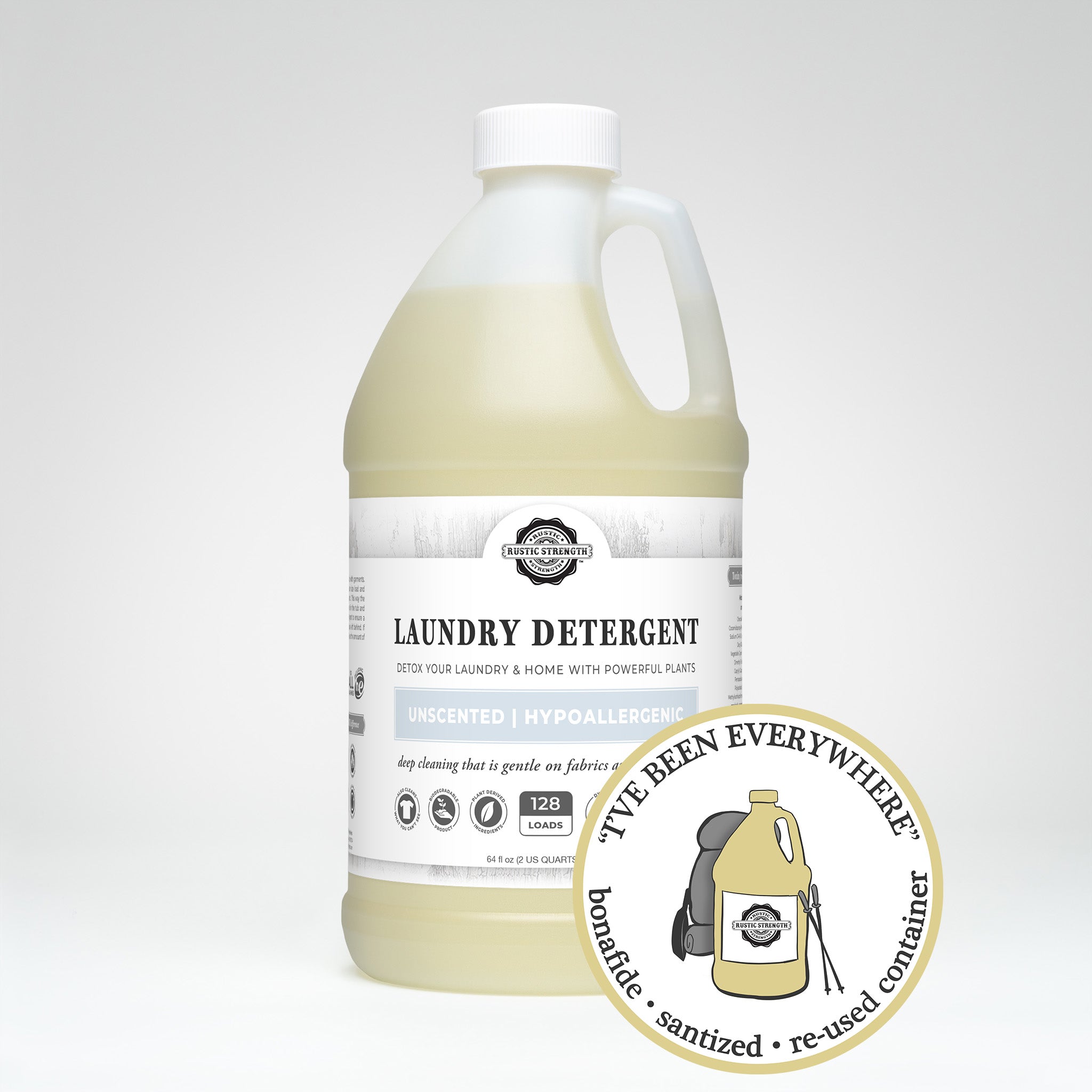 Sanitized and refilled half gallon plastic jug of laundry detergent in unscented.