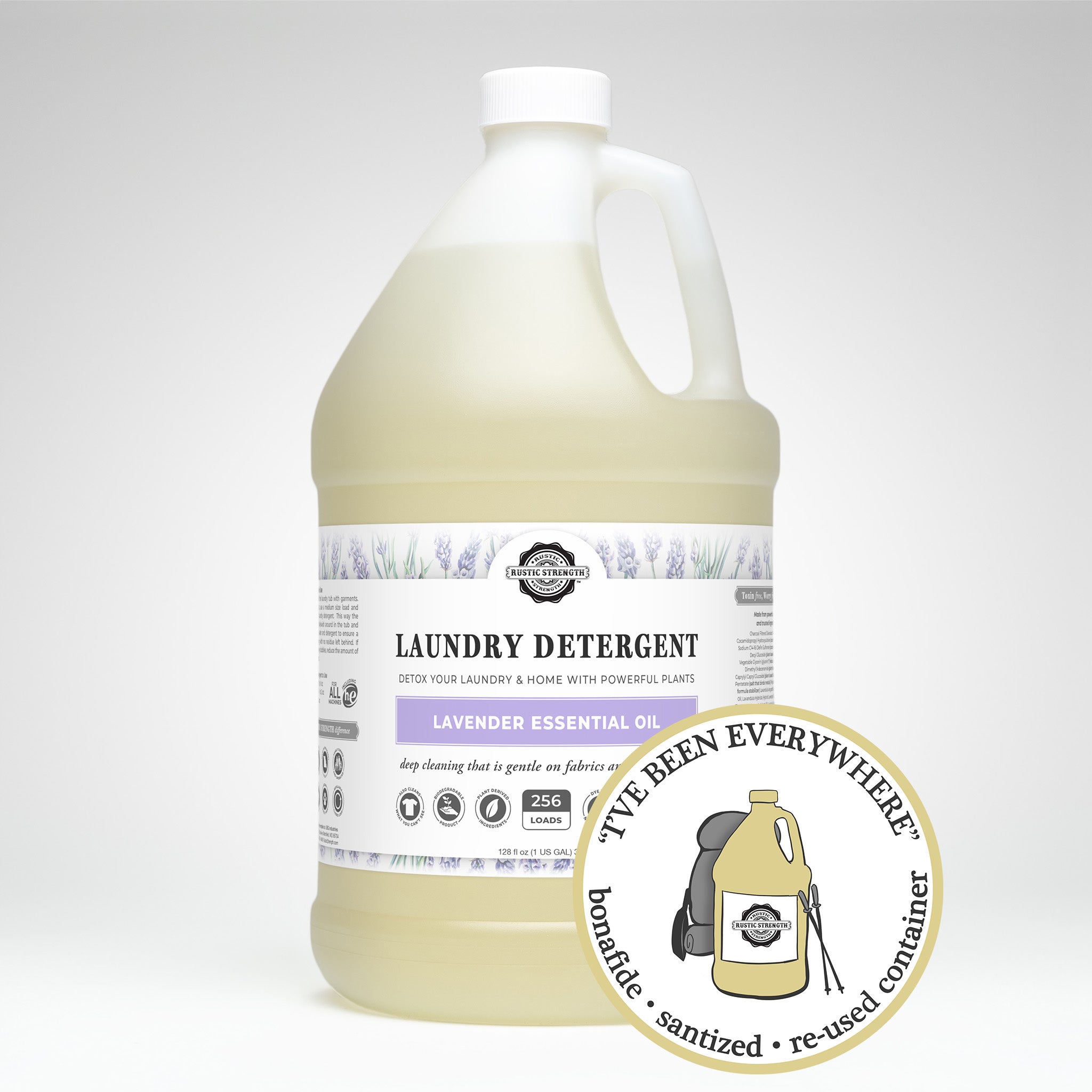 sanitized and refilled gallon plastic container of lavender laundry detergent