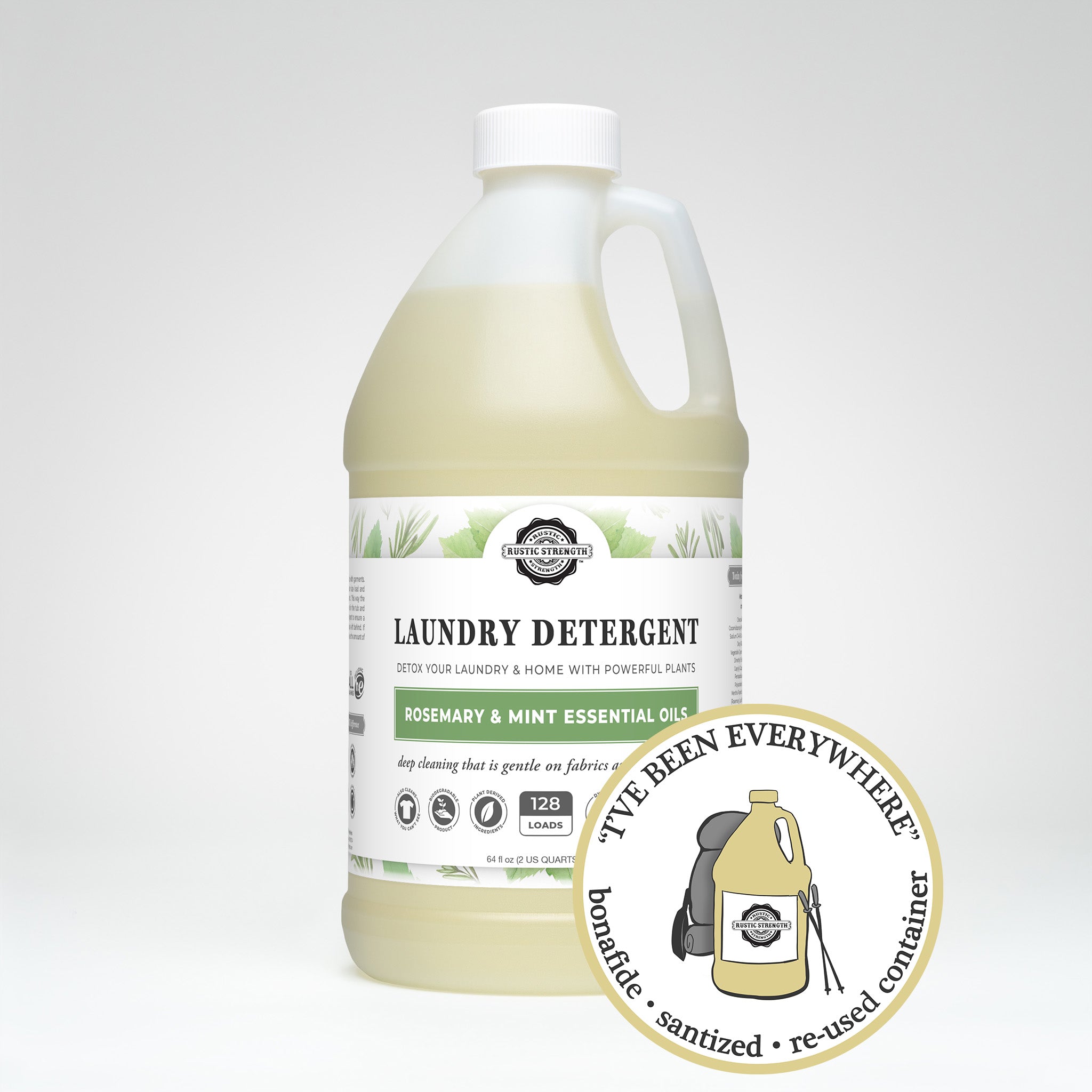 sanitized and refilled half gallon plastic container of rosemary and mint  laundry detergent