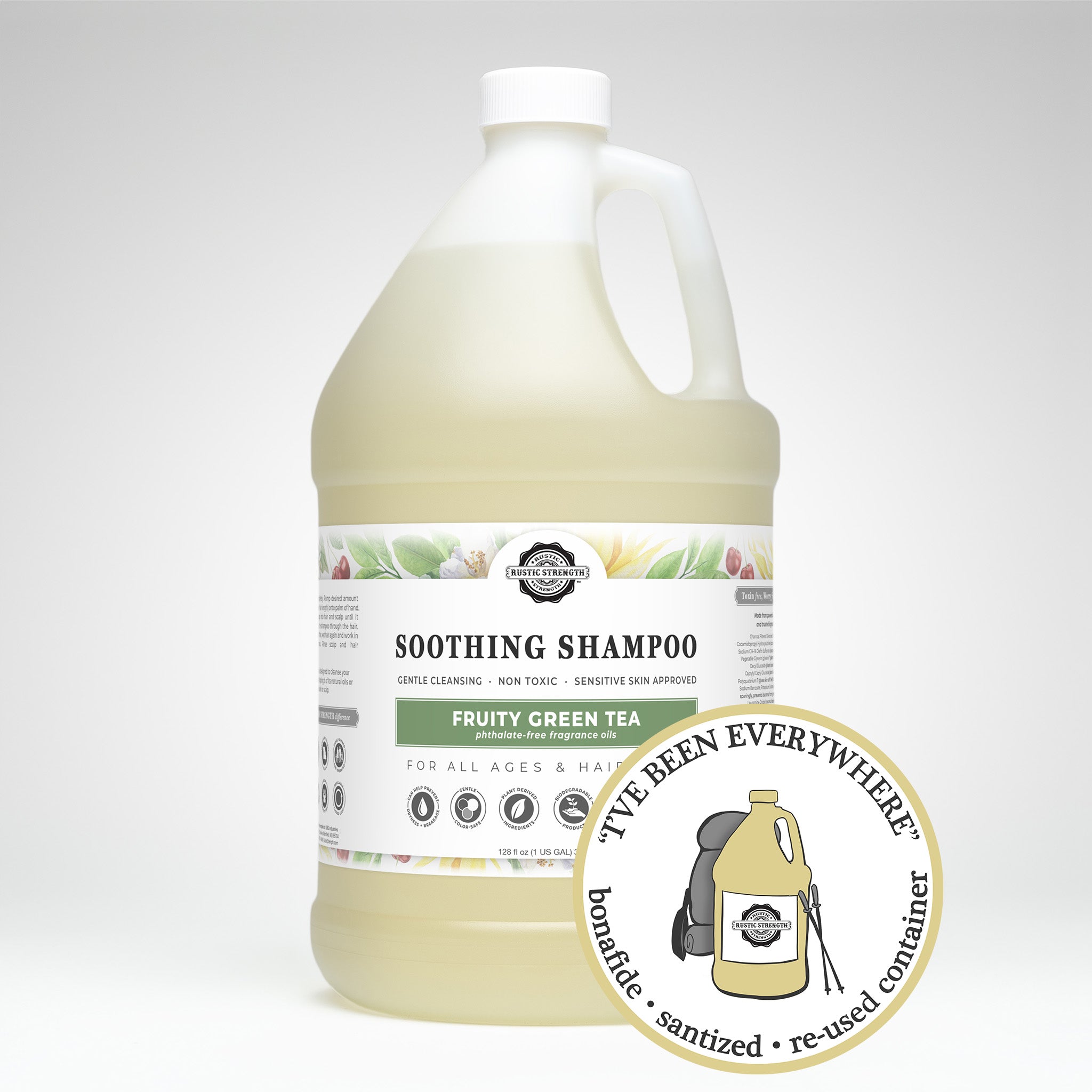 Sanitized and refilled gallon plastic jug of soothing shampoo. Fruity green tea scent