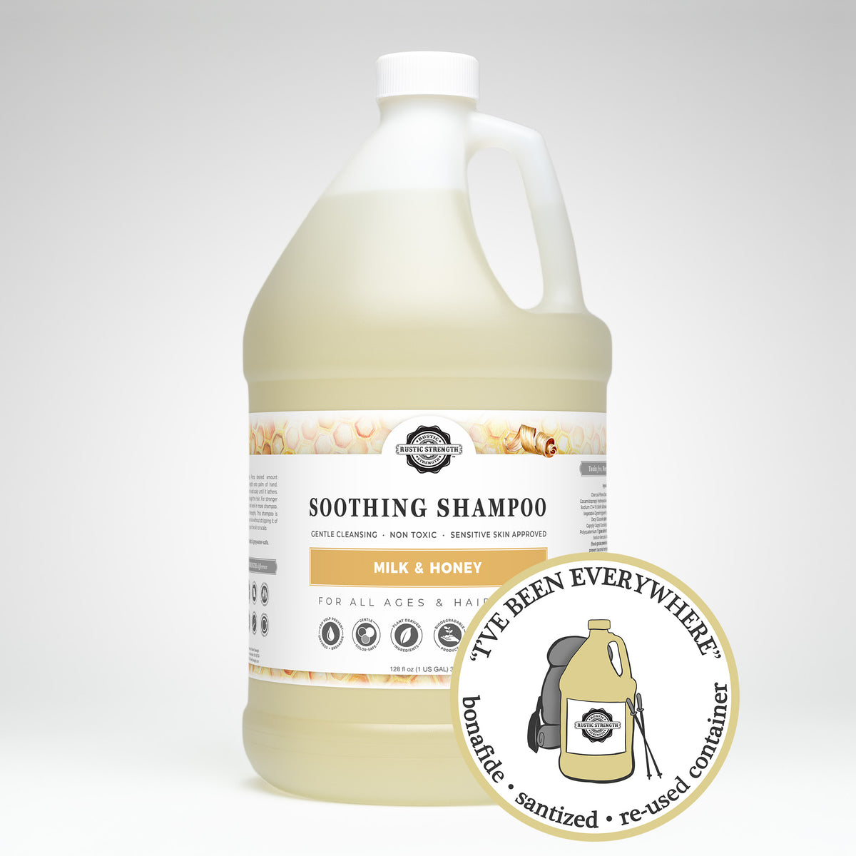 Rustic Strength, Shampoo, 1 Gallon, Plastic Jug, with image "I've been everywhere - Bonafide, Sanitized, Re-used Container"