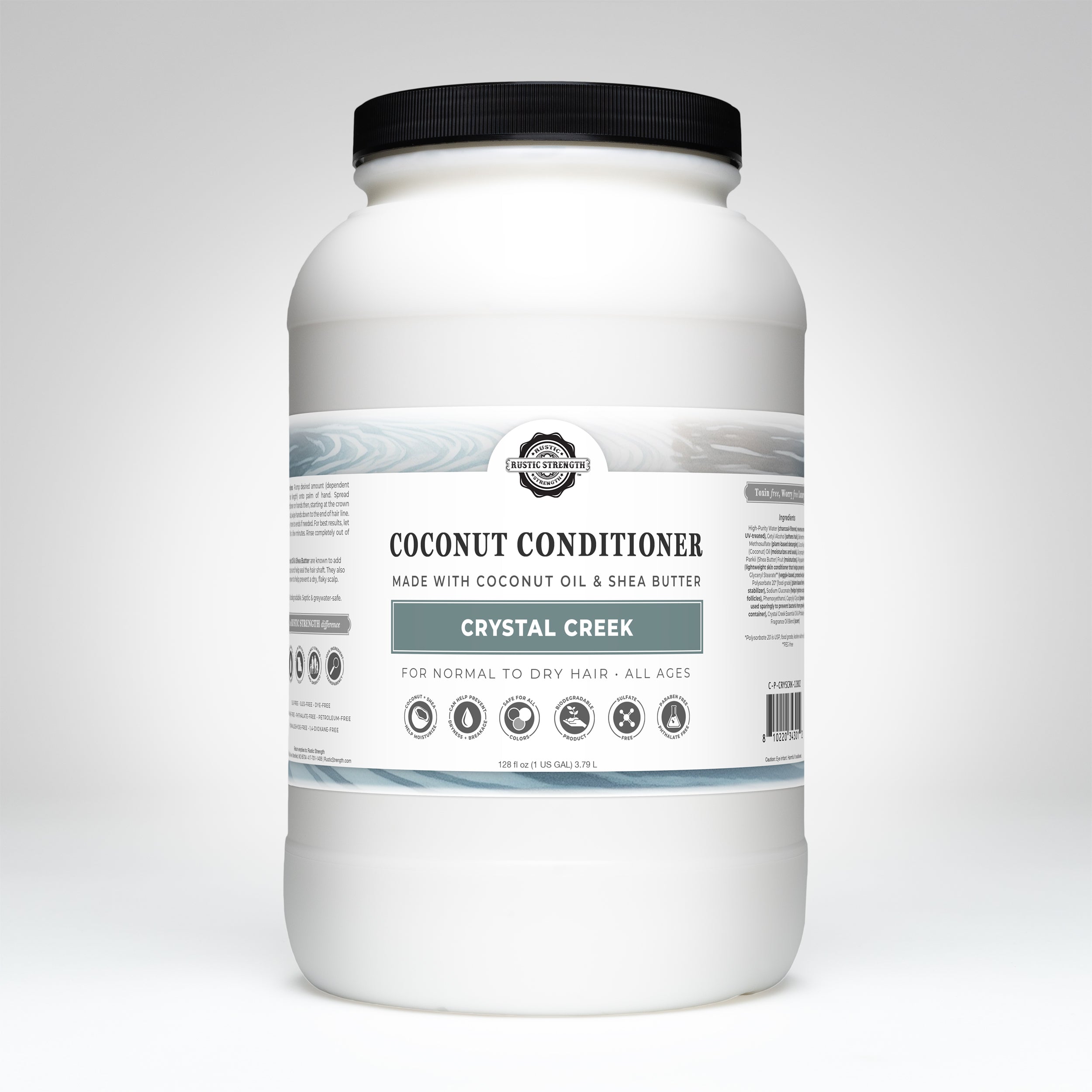 Gallon plastic crystal Creek scented Coconut conditioner container with label on a white background