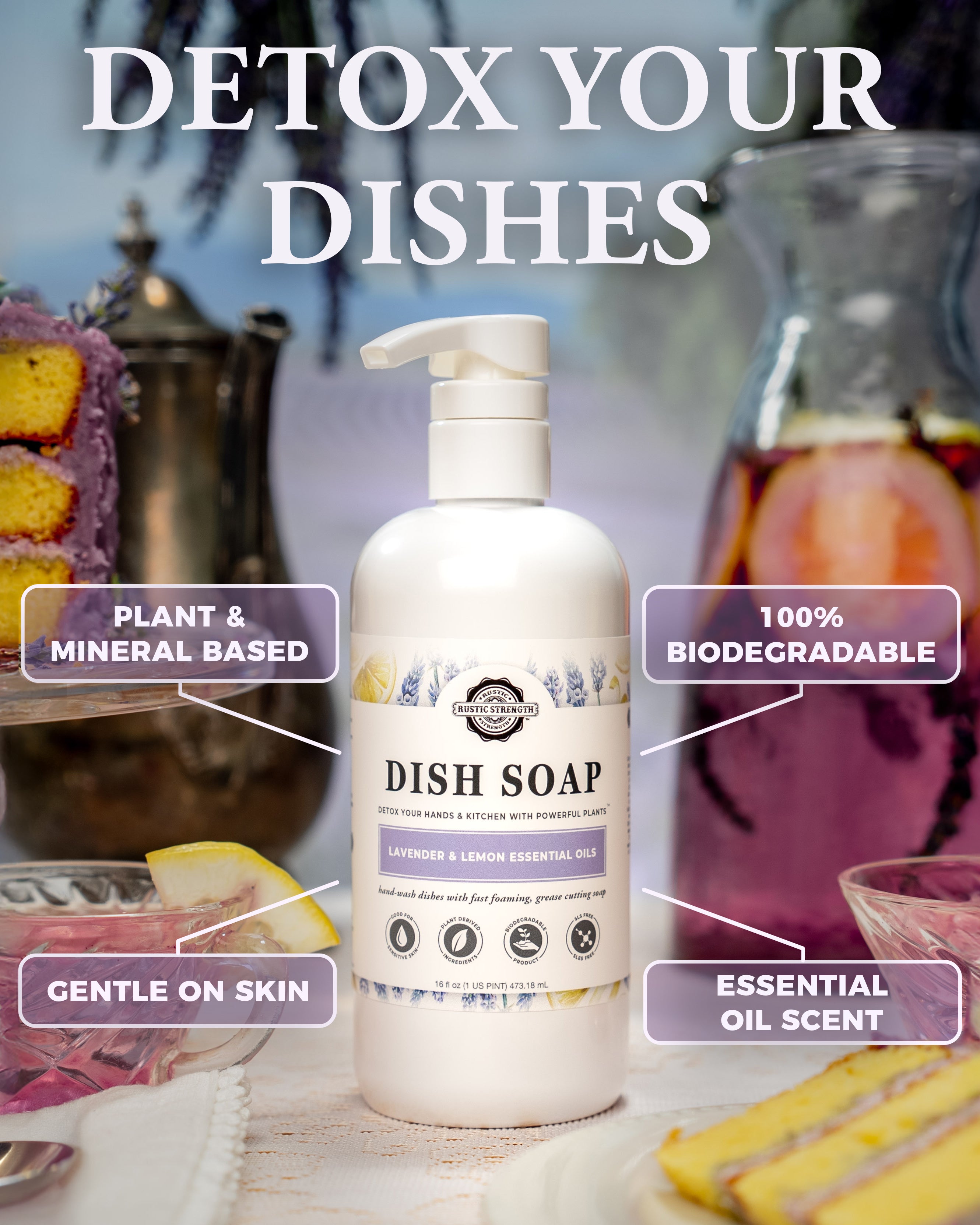 Dish soap bottle with features highlighted on a kitchen background