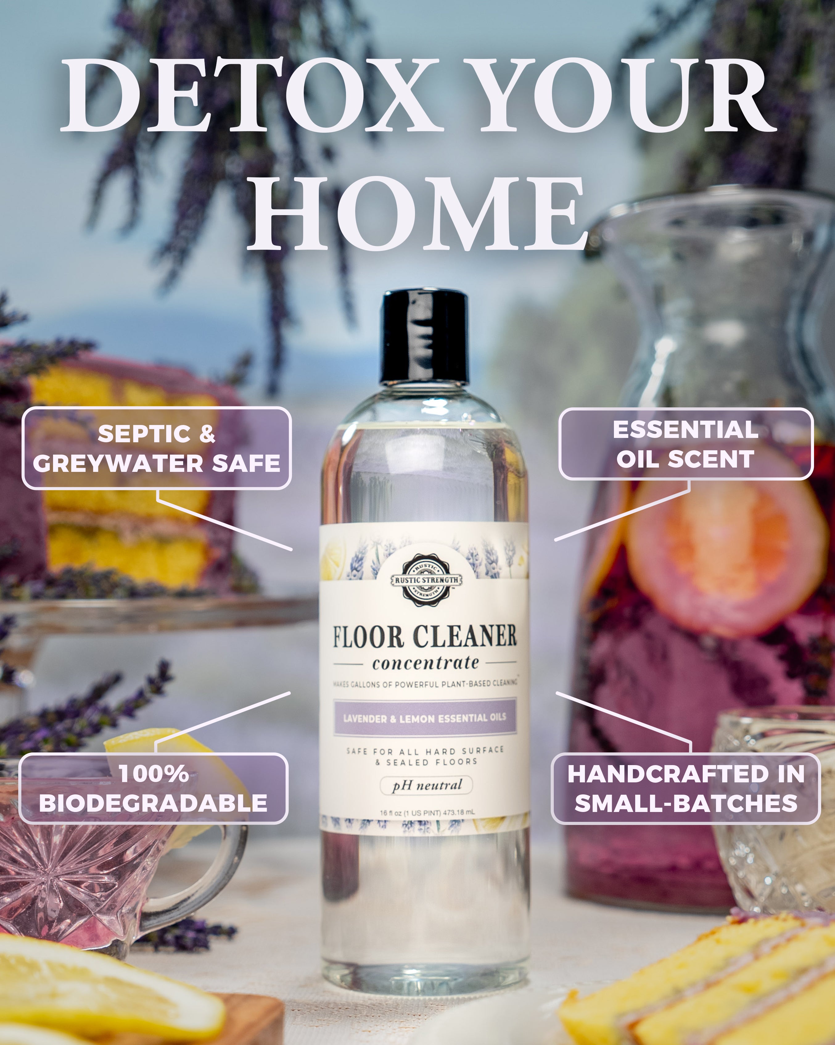 Floor cleaner concentrate bottle with product features highlighted on a blurred background