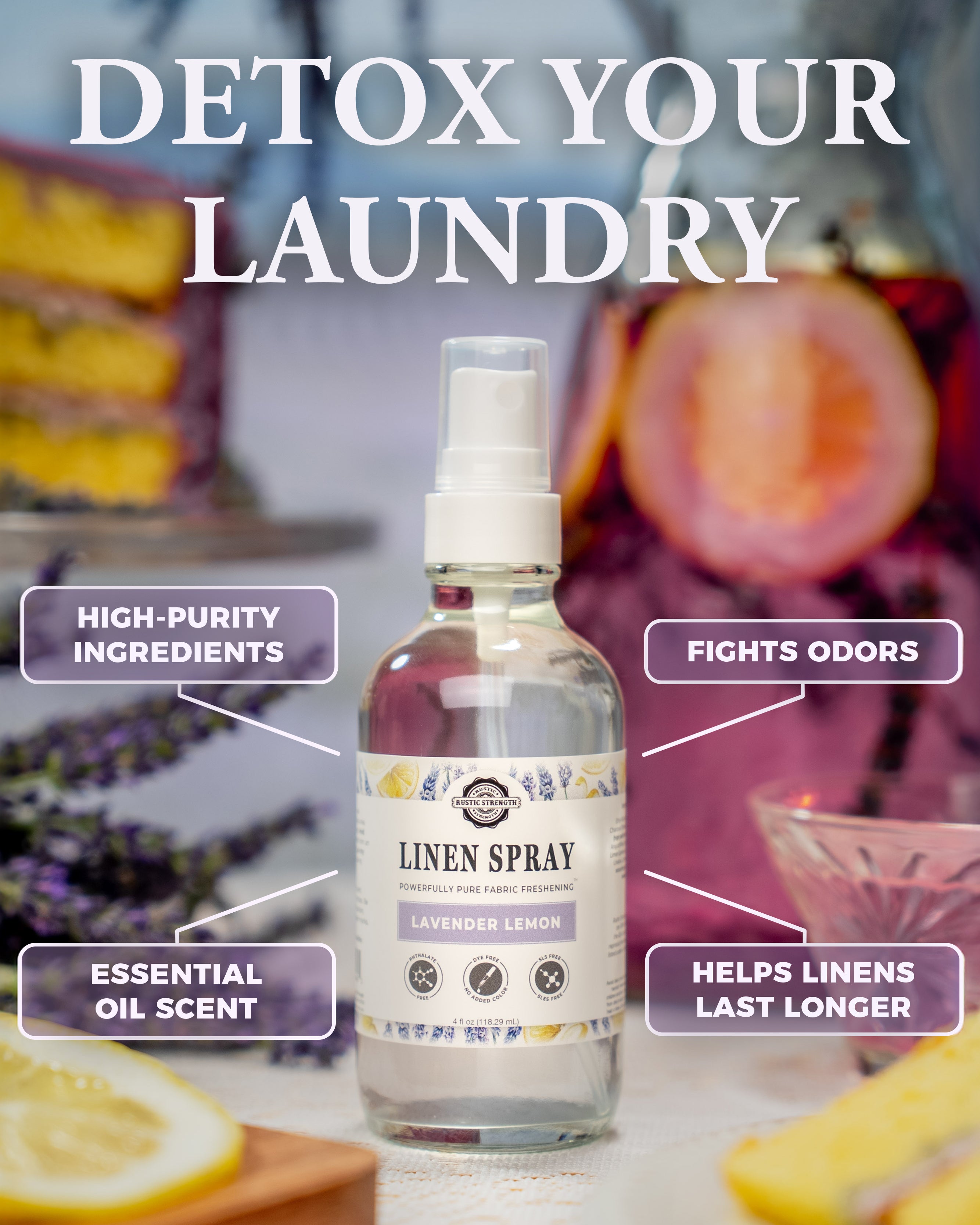 Linen spray bottle with text highlighting its benefits on a colorful background