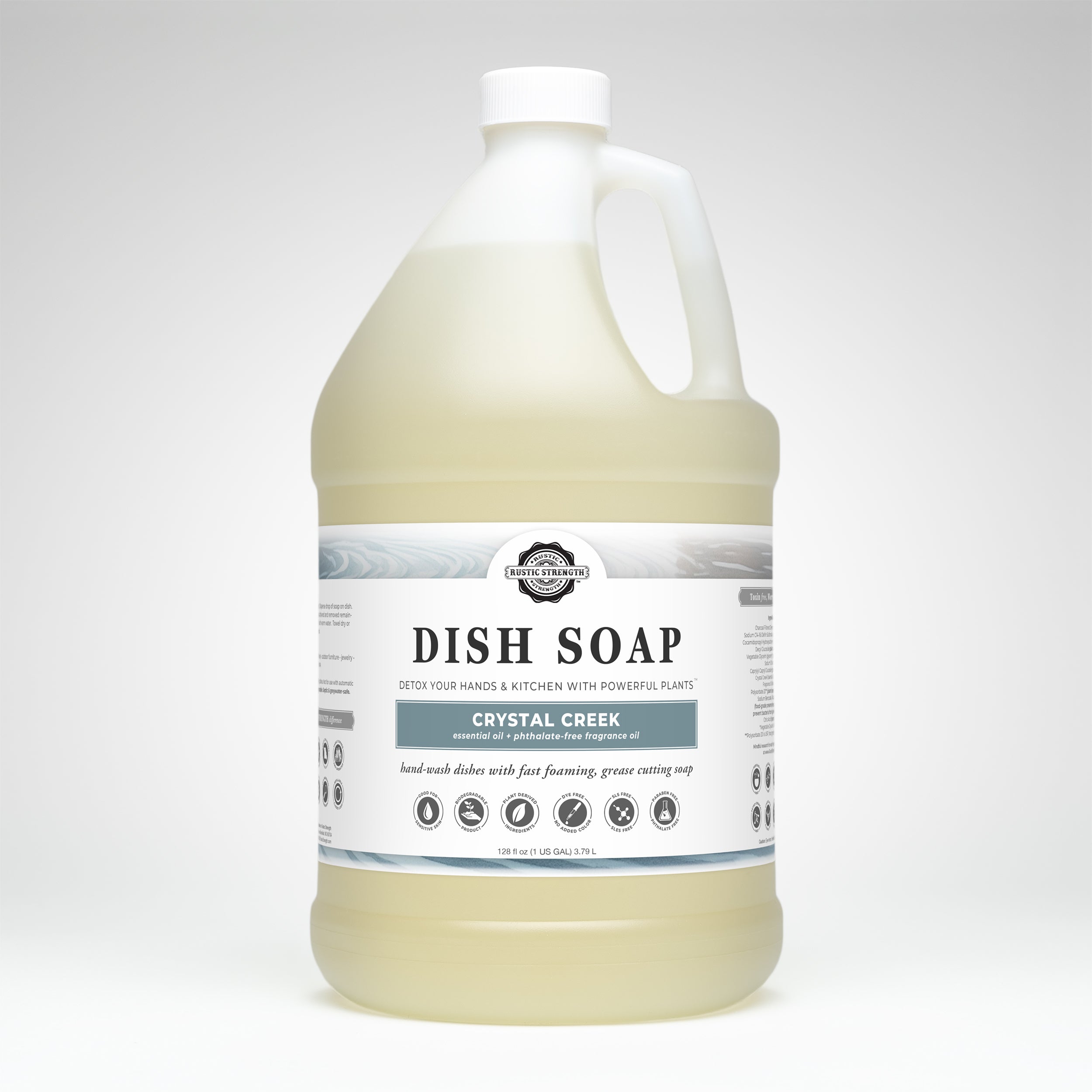Gallon container of Crystal Creek hand soap on a white background
